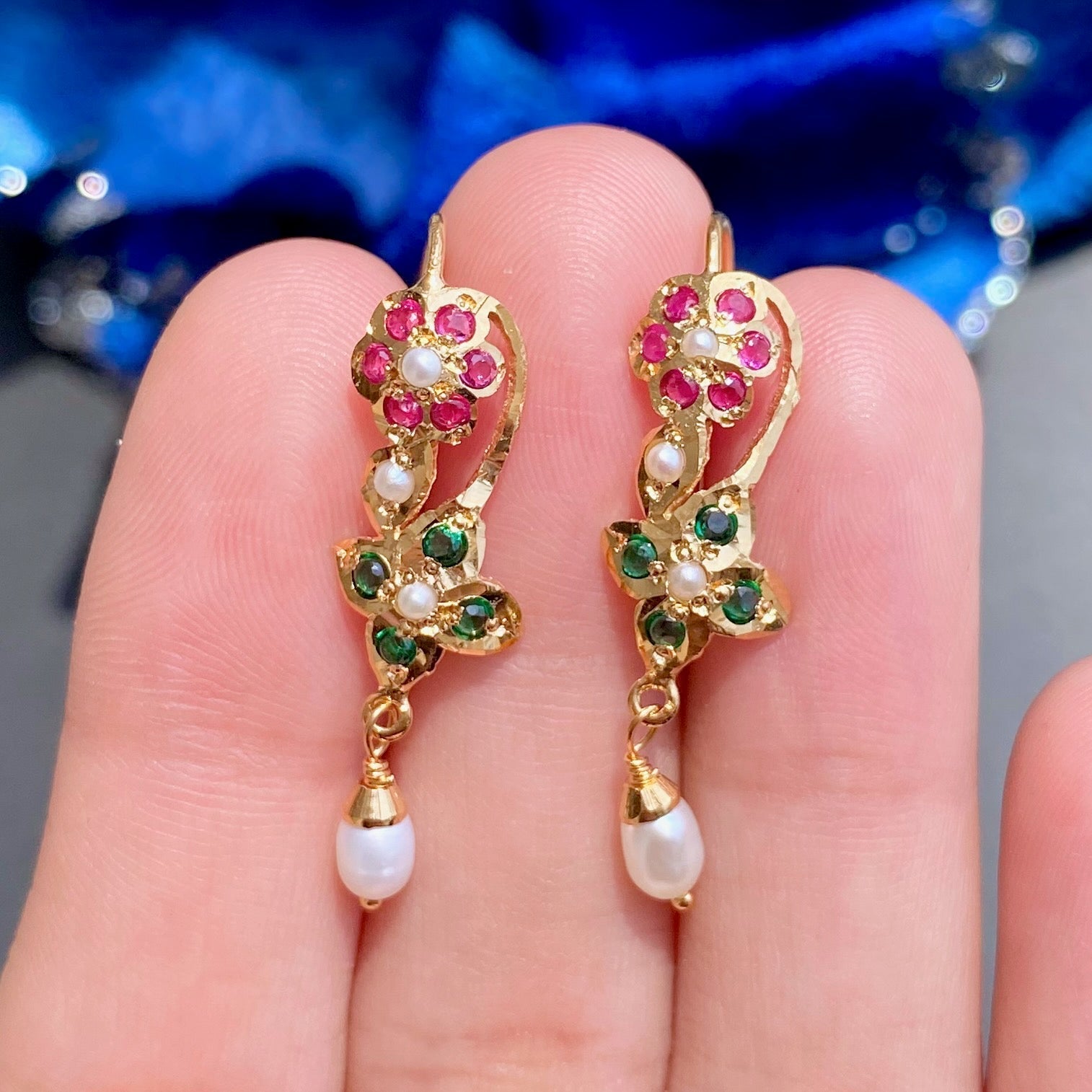 Intricate Fish Hook Stone Earrings 925 Silver Gold Plated ER 536