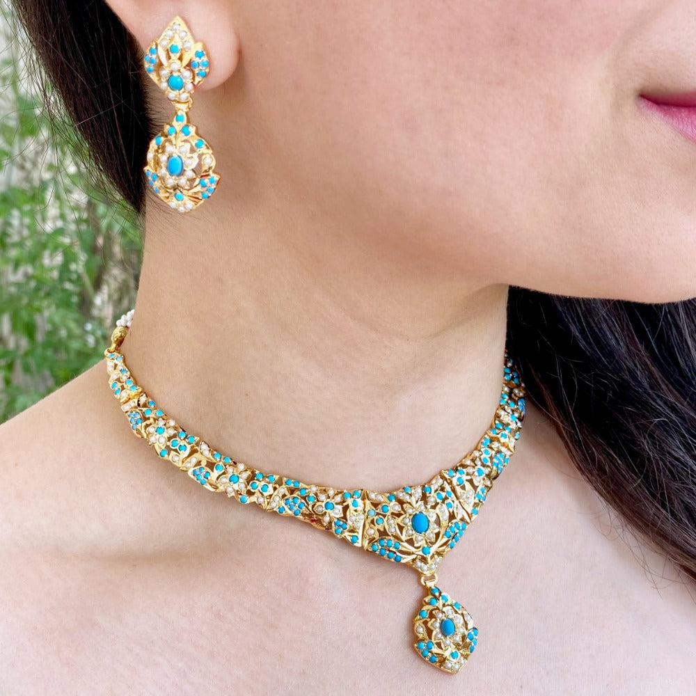 gold plated necklace set with pearls and turquoises