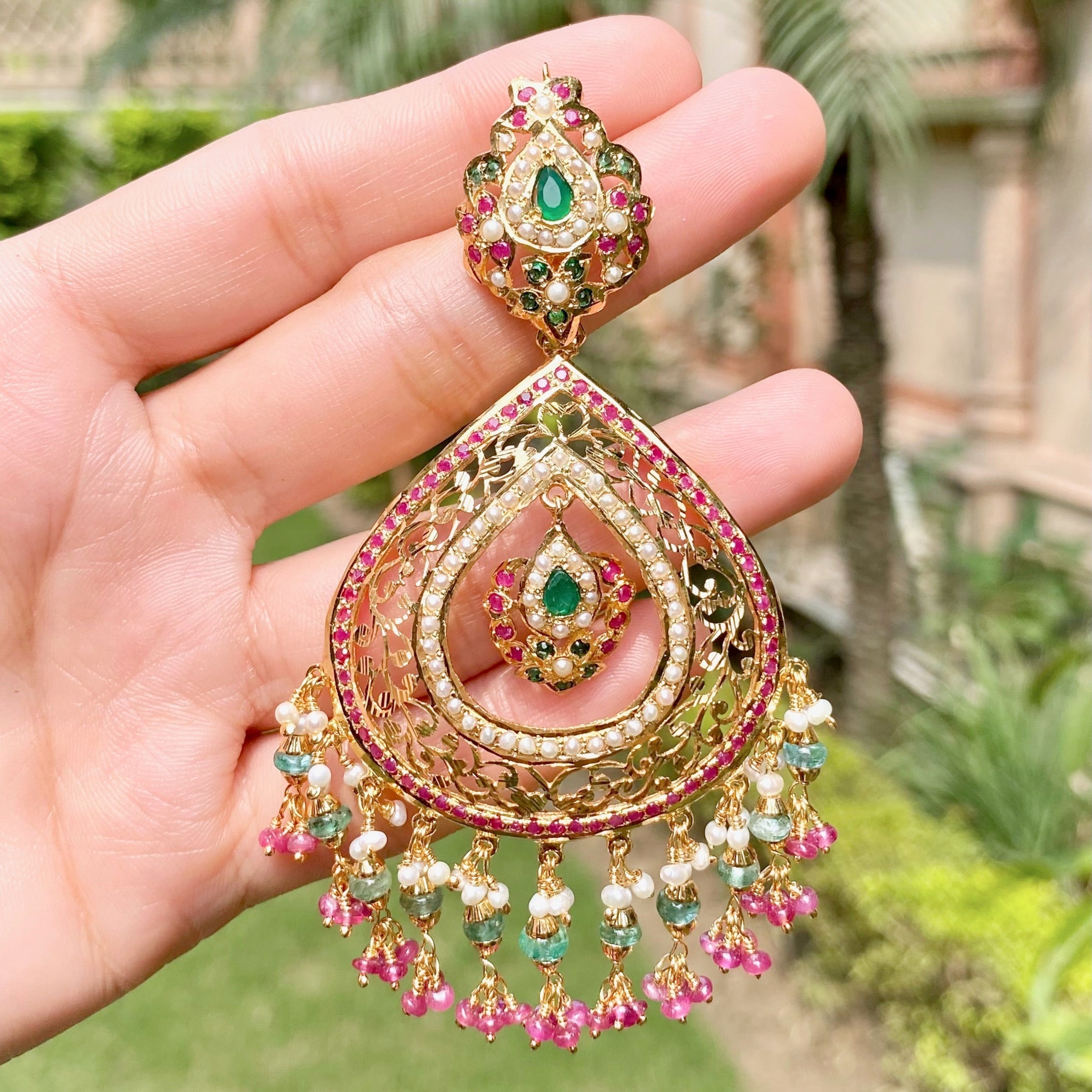 large Drop Shaped Oversized Chandbali Earrings | 925 Sterling Silver Gold Plated