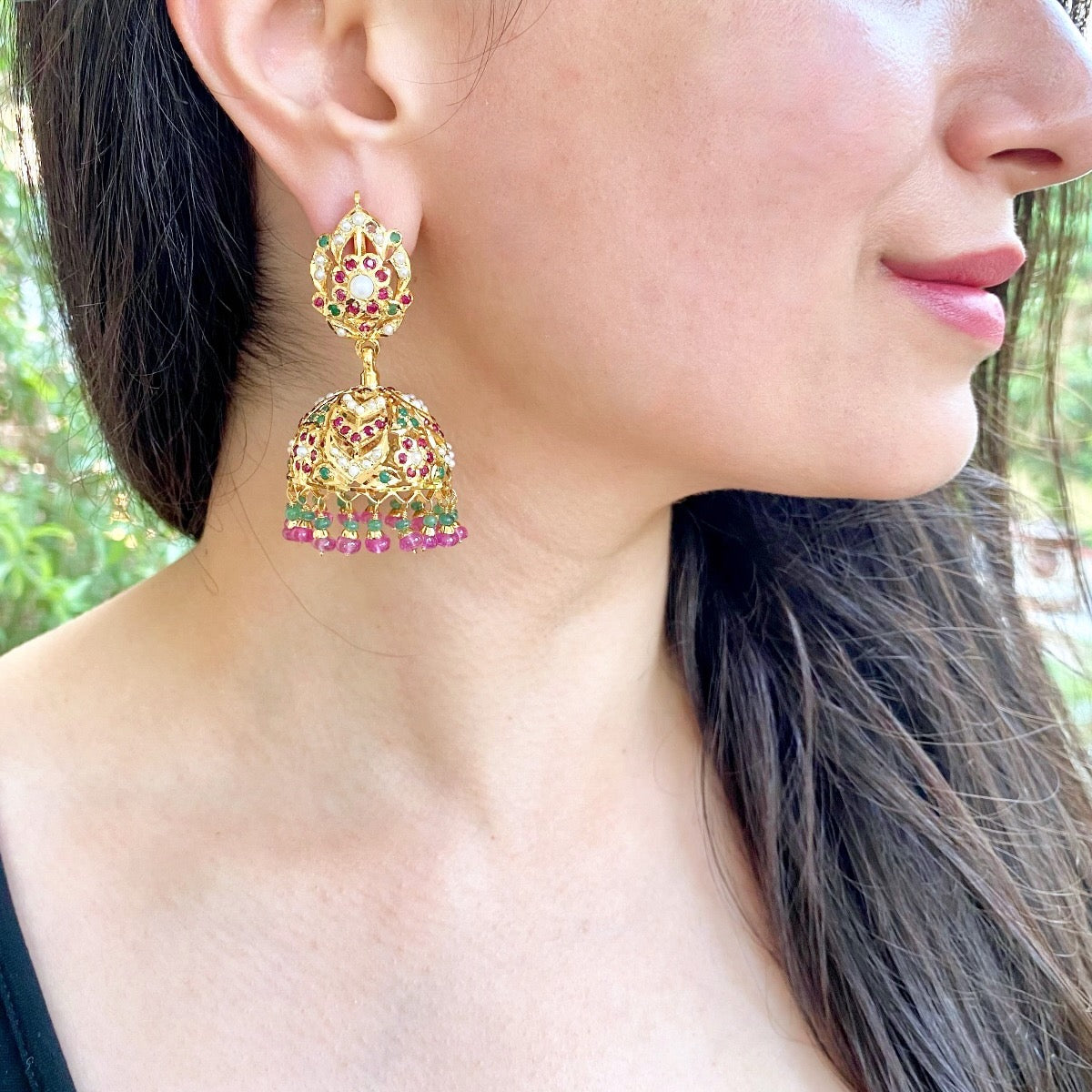 Gold Plated Punjabi Jadau Jhumka Earrings in Silver ER 387