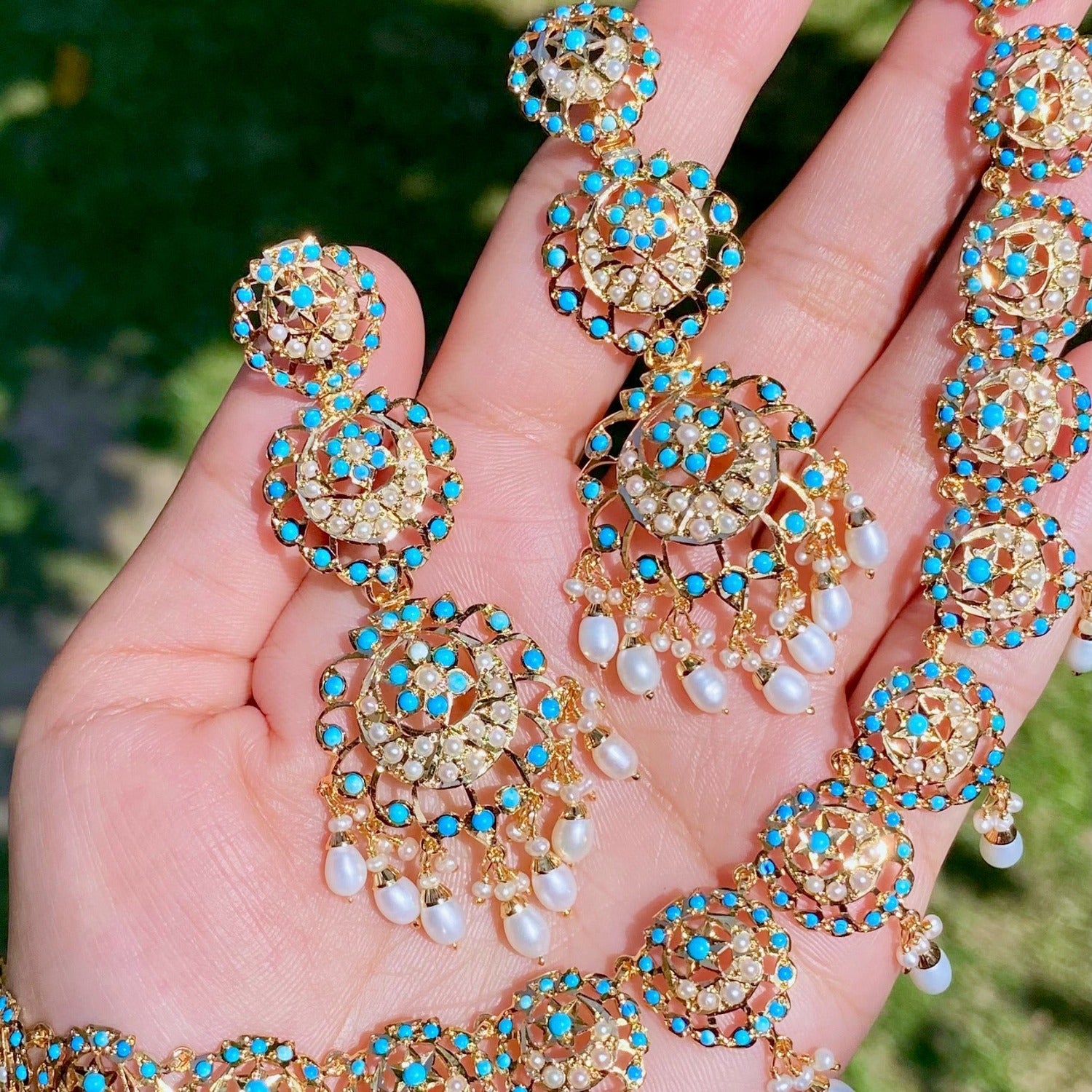 Feroza Jewellery | Fine Pearl & Turquoise Necklace Set for Women NS 448