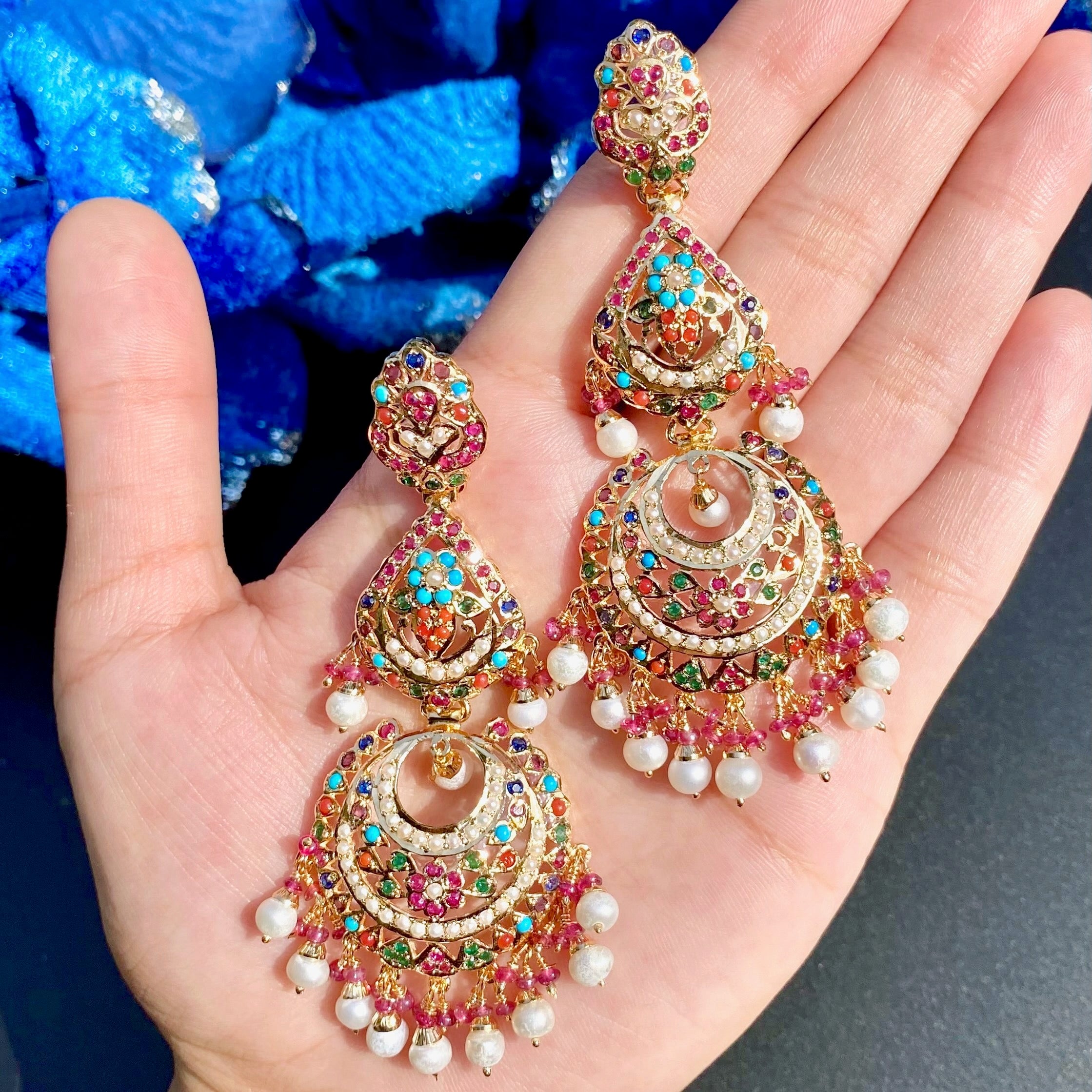 Long Navratna Chandbali Earrings | Sterling Silver with Gold Plating ER 044