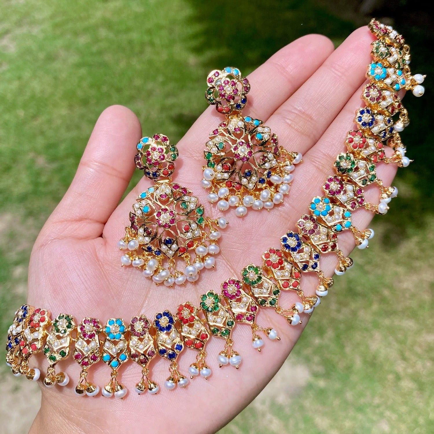 jadau necklace set in silver with navratna stones