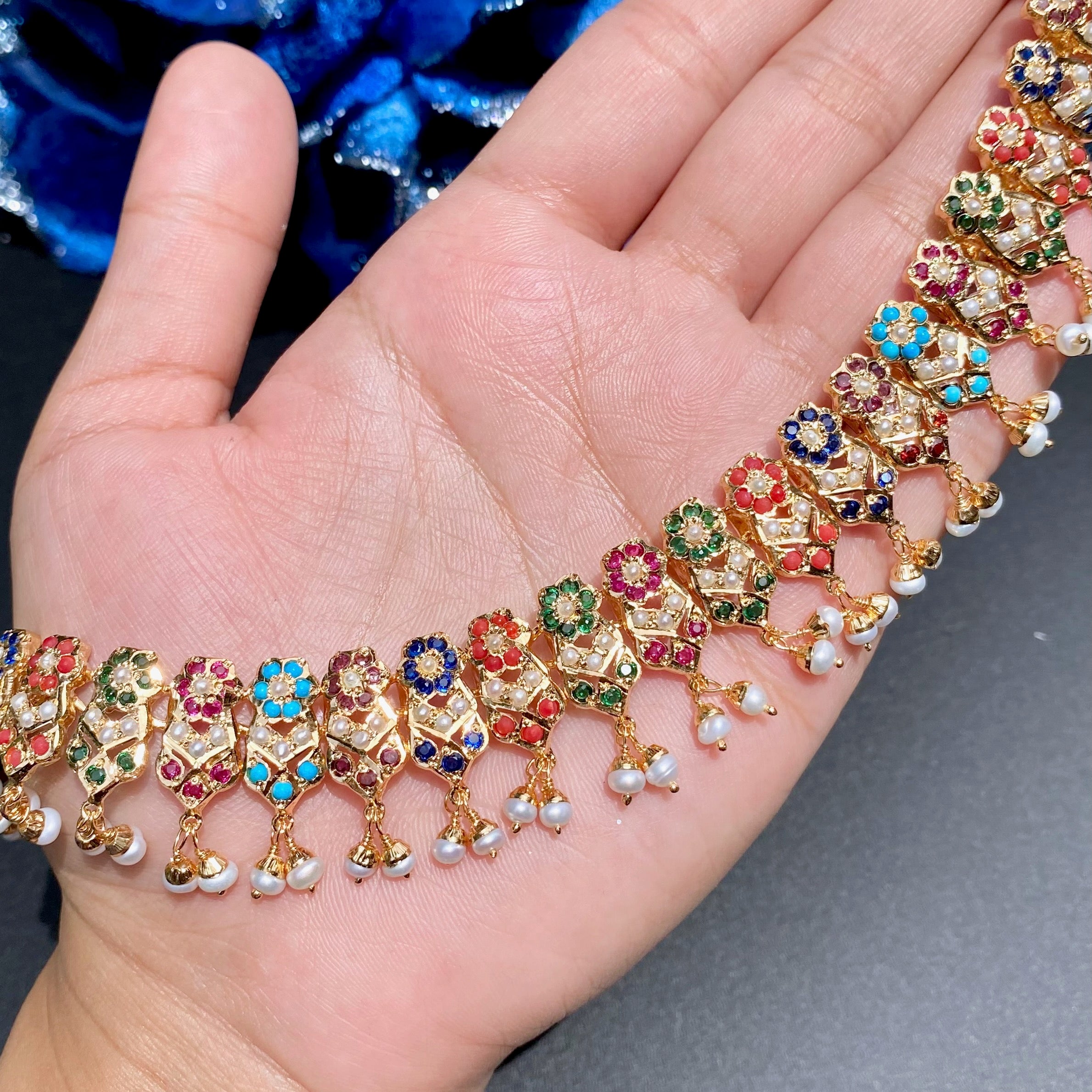 classic amritsari jadau gold plated navratna necklace set