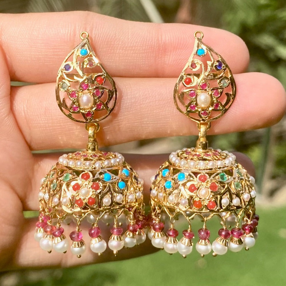 Navratna Jhumka | Real Gold Indian Jewelry | Precious gems GER 107