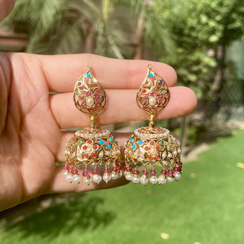 Navratna Jhumka | Real Gold Indian Jewelry | Precious gems GER 107