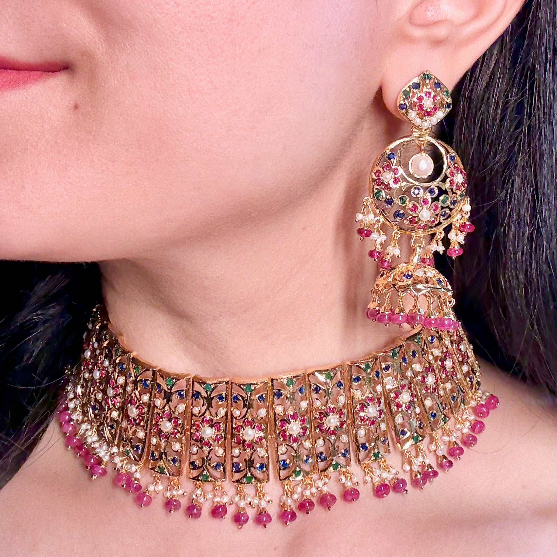 Bridal Choker Paired with Chandbali Earrings | Premium Indian Silver Jewelry | Gold Plated NS 419