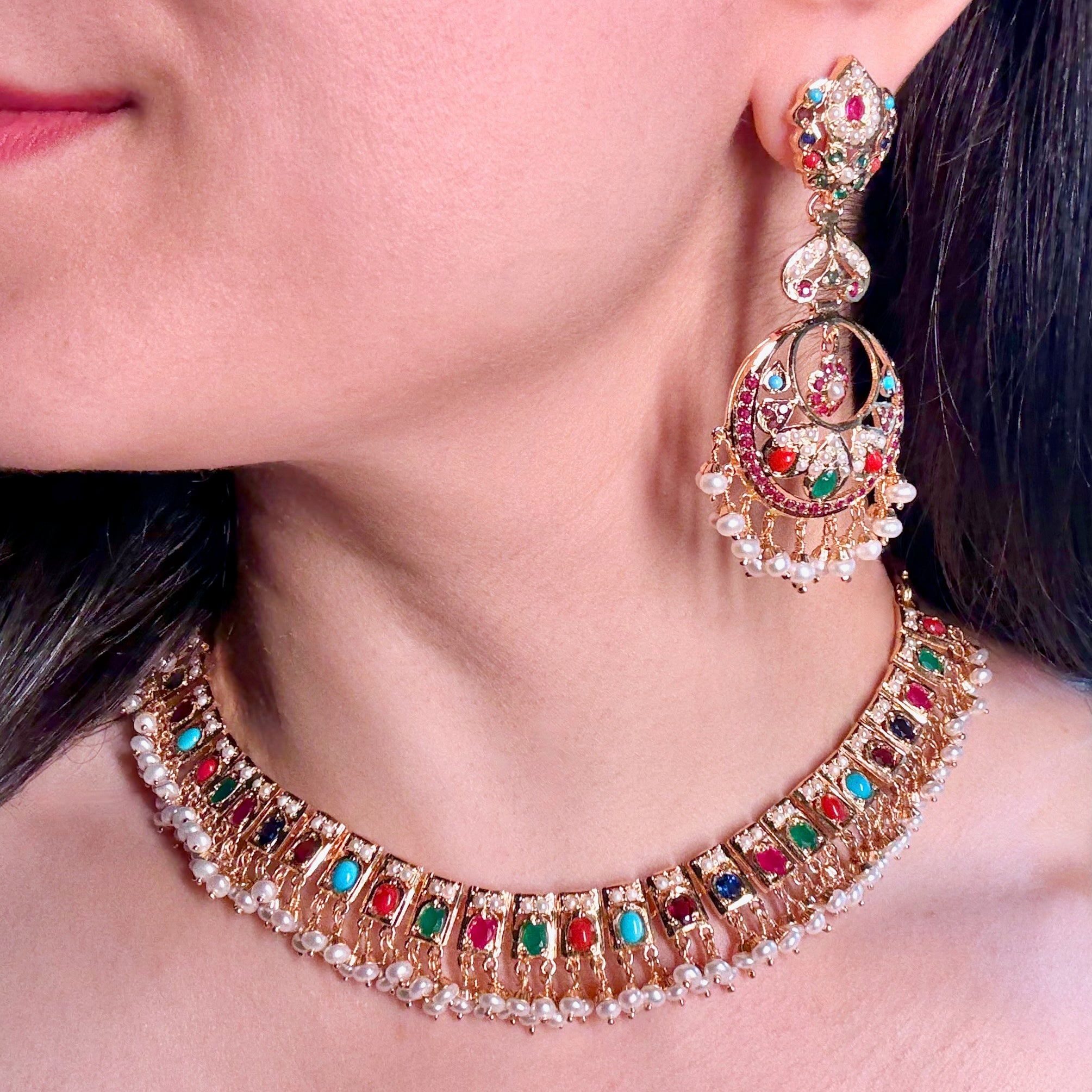 Classic Navratna Necklace with Long Chandbali Earrings | Gold Plated on Silver NS 422