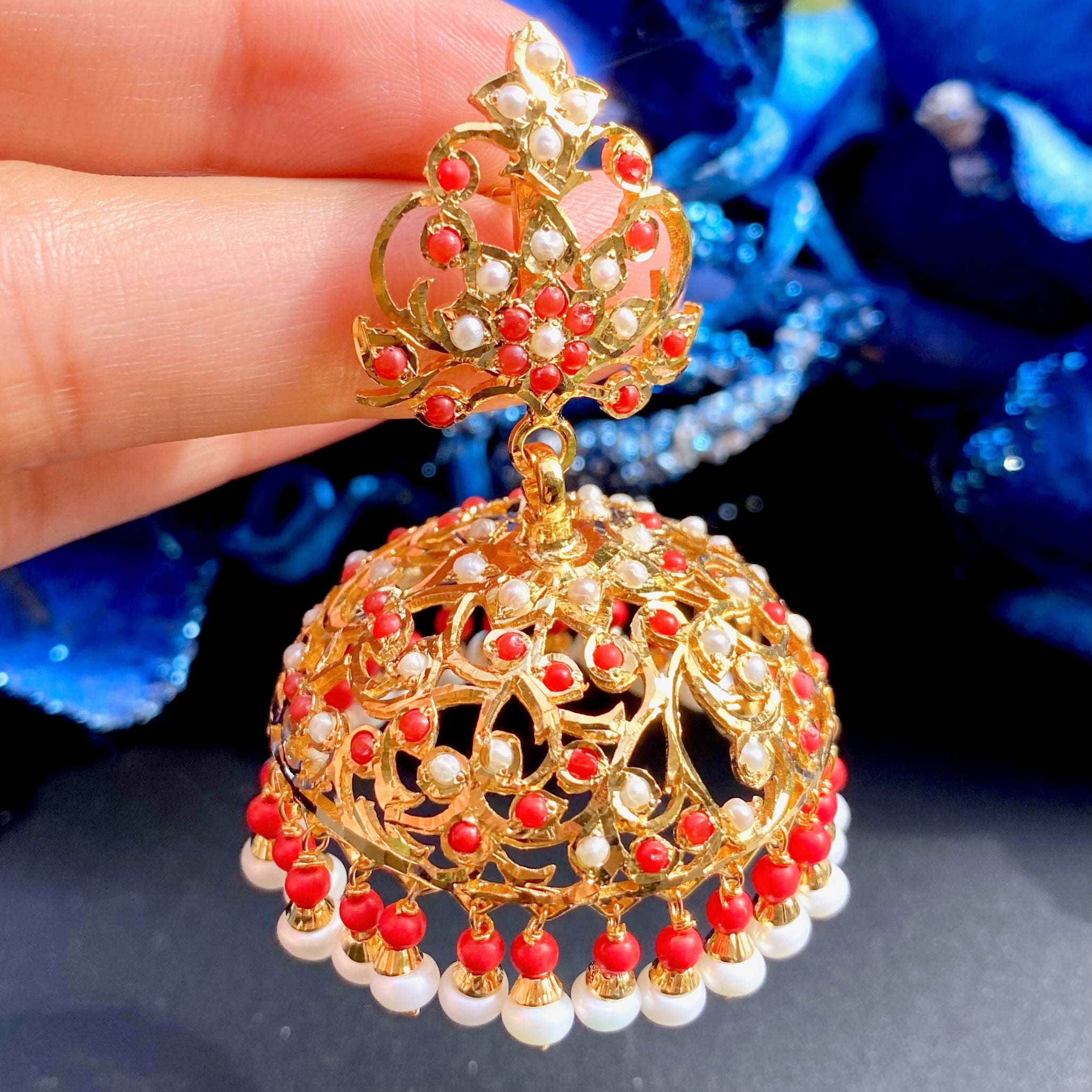 coral jhumka earrings