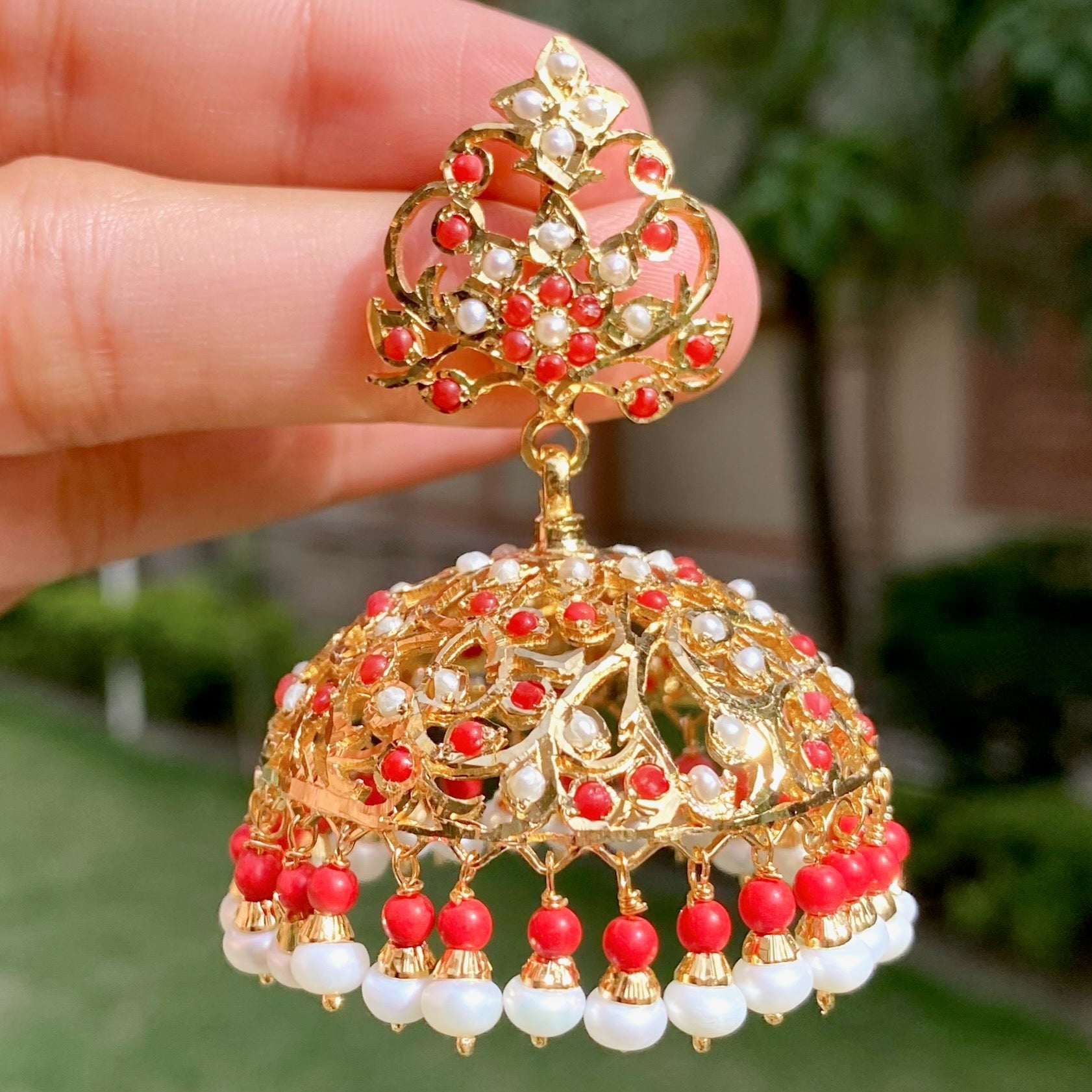 coral jhumka earrings