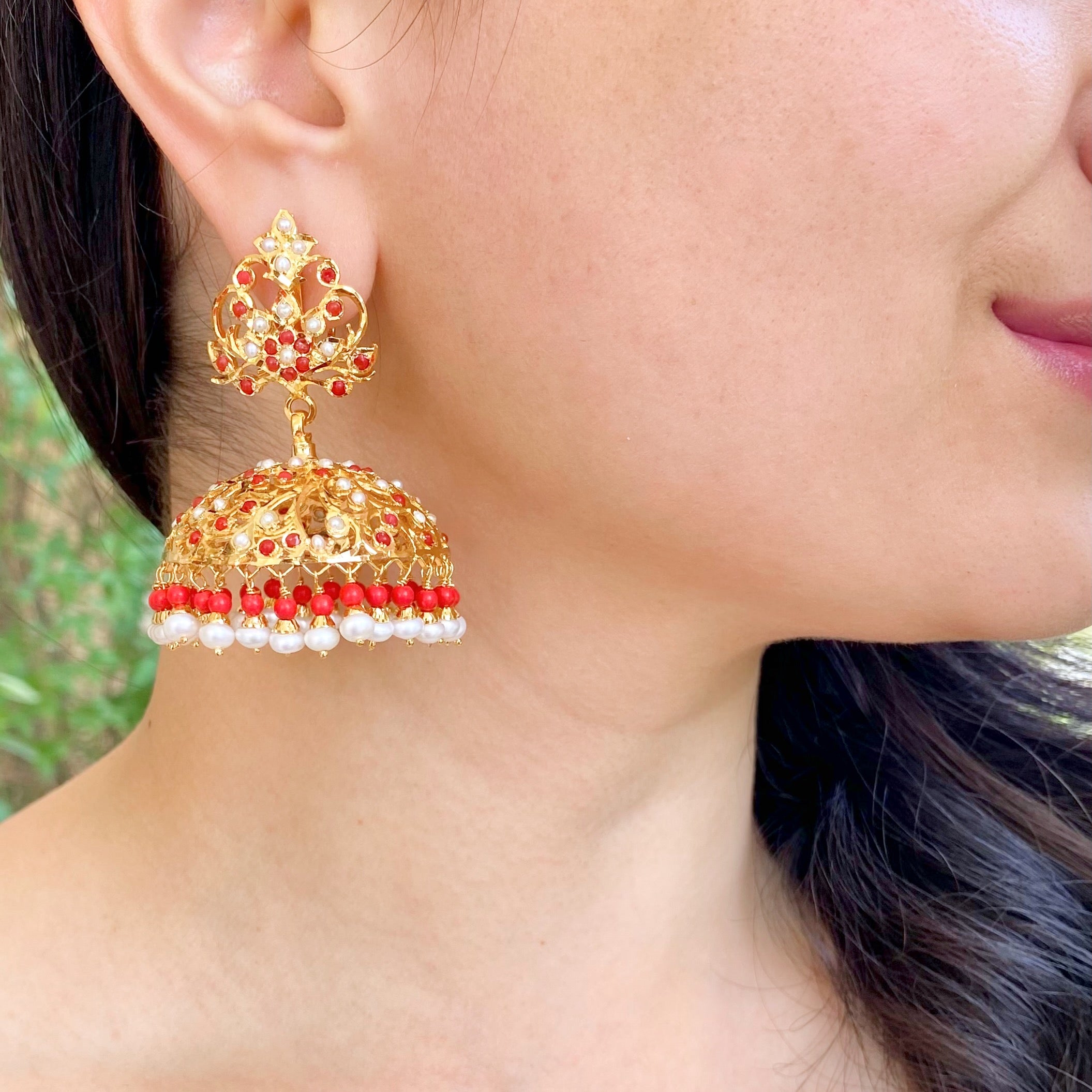 coral jhumka earrings