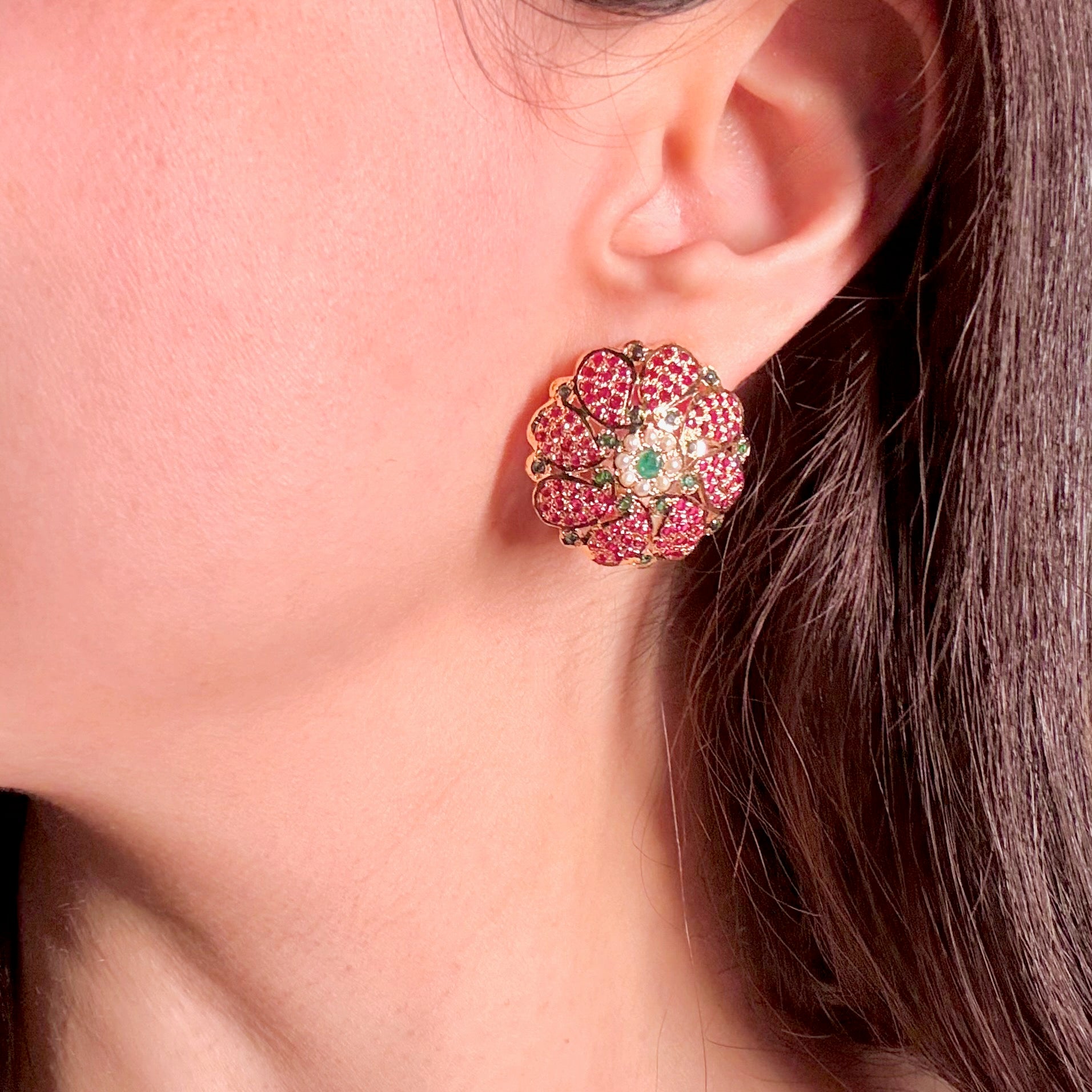 Premium Jadau Stud Earrings For Women | Gold Plated on Silver | Ruby Emerald Combination ER 624