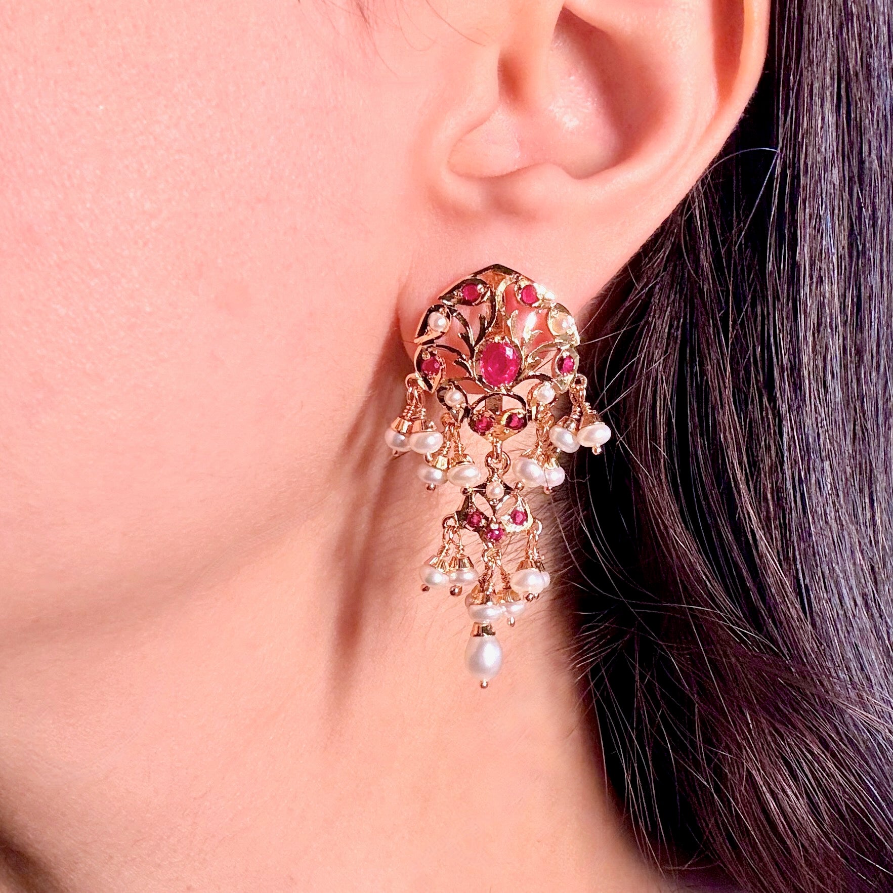 Ruby Red & Pearl Earrings | Gold Plated on Sterling Silver ER 619