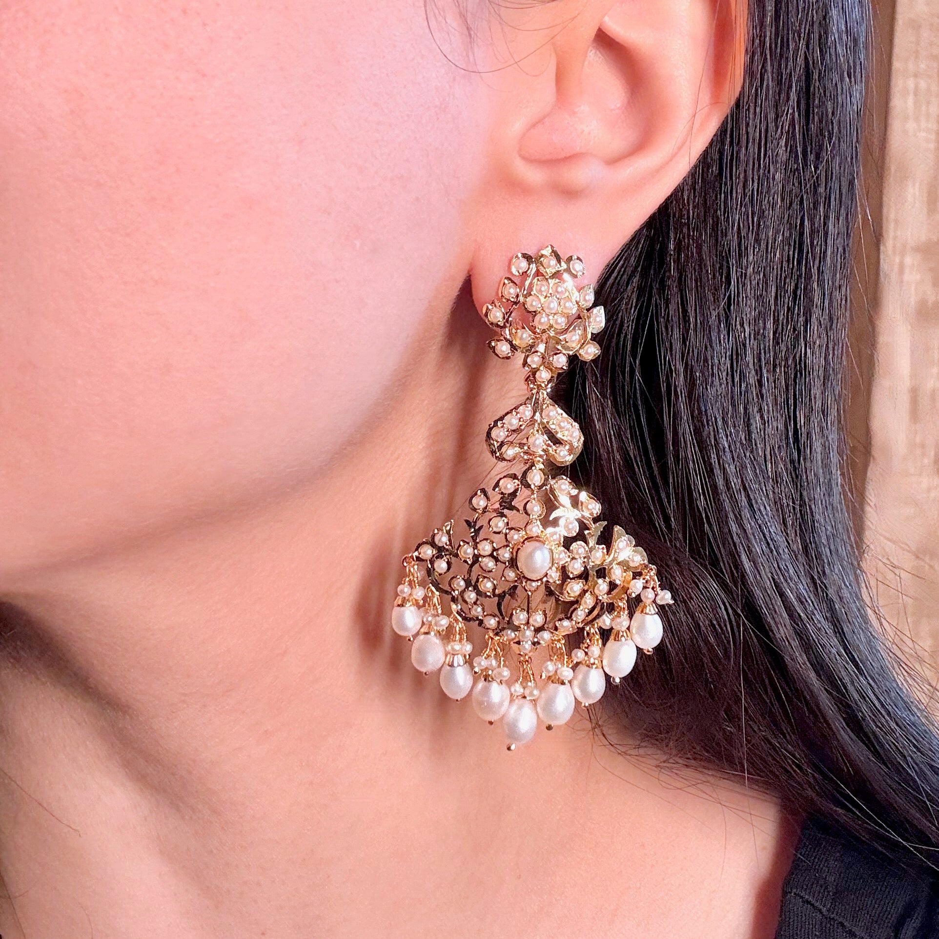 Intricate Silver Earrings studded with Freshwater Pearls | Gold Plated Indian Jewelry ER 612
