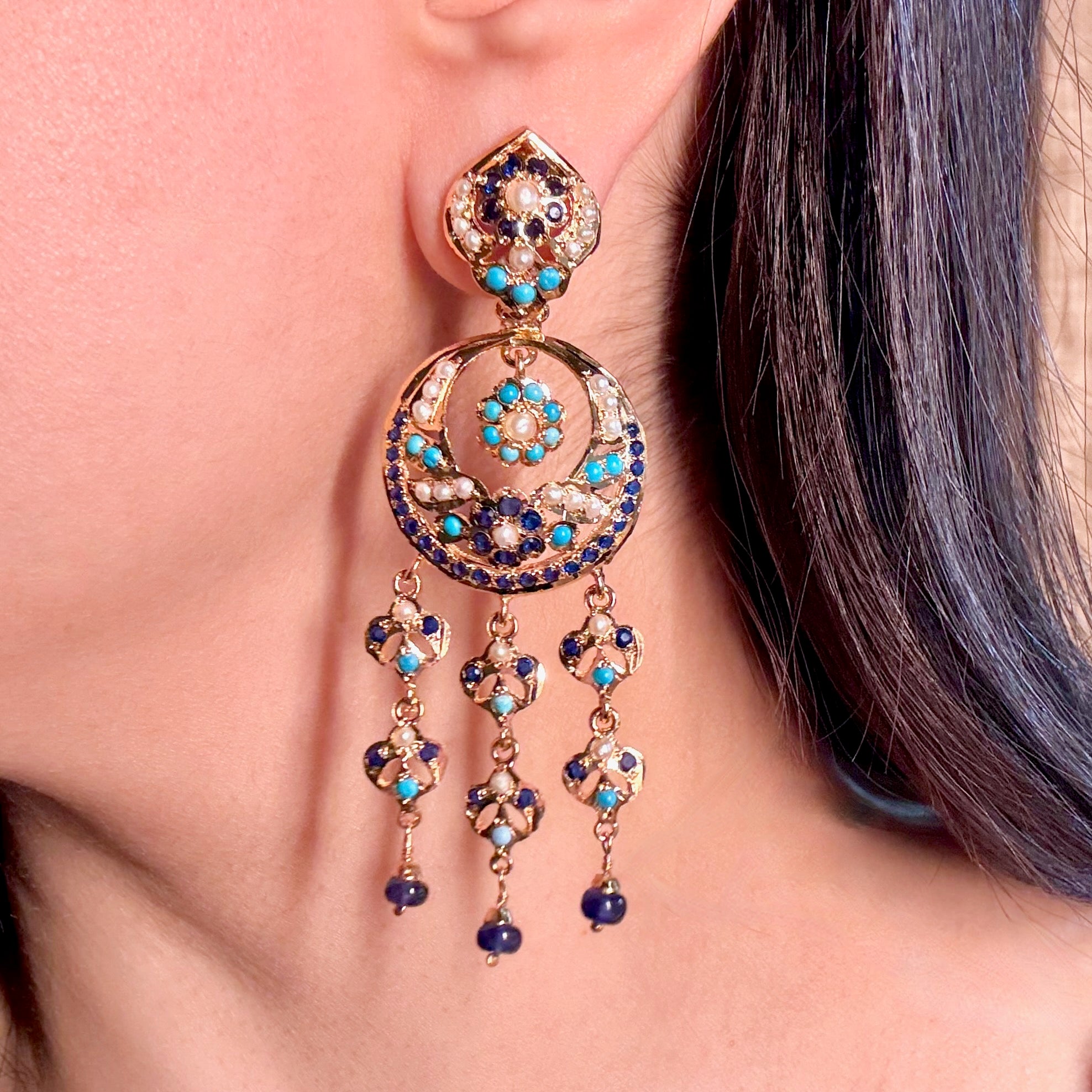 Blue Chandbali Earrings | Long Jadau Earrings on Silver Base with Gold Plating ER 631