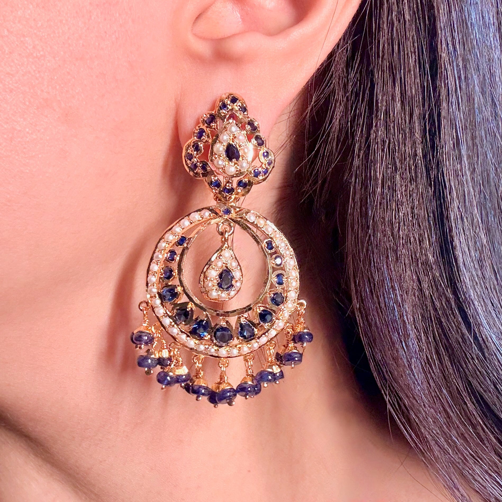 Exquisite Neelam Chandbali Earrings | Premium Jadau Jewelry on Silver Base ER 625