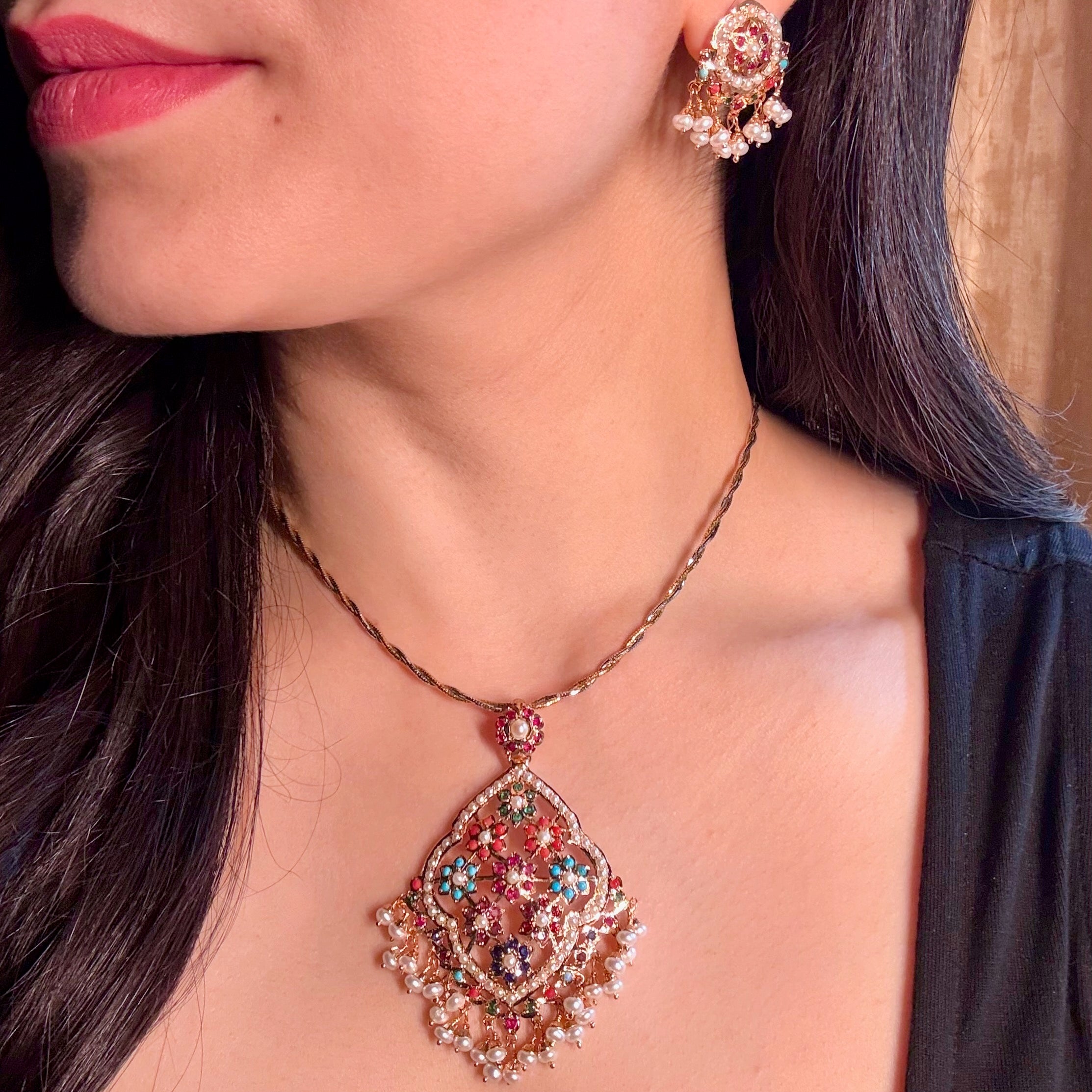 Floral Navaratna Pendant Set | Exquisite Gold Plated Jewelry Set PS 125