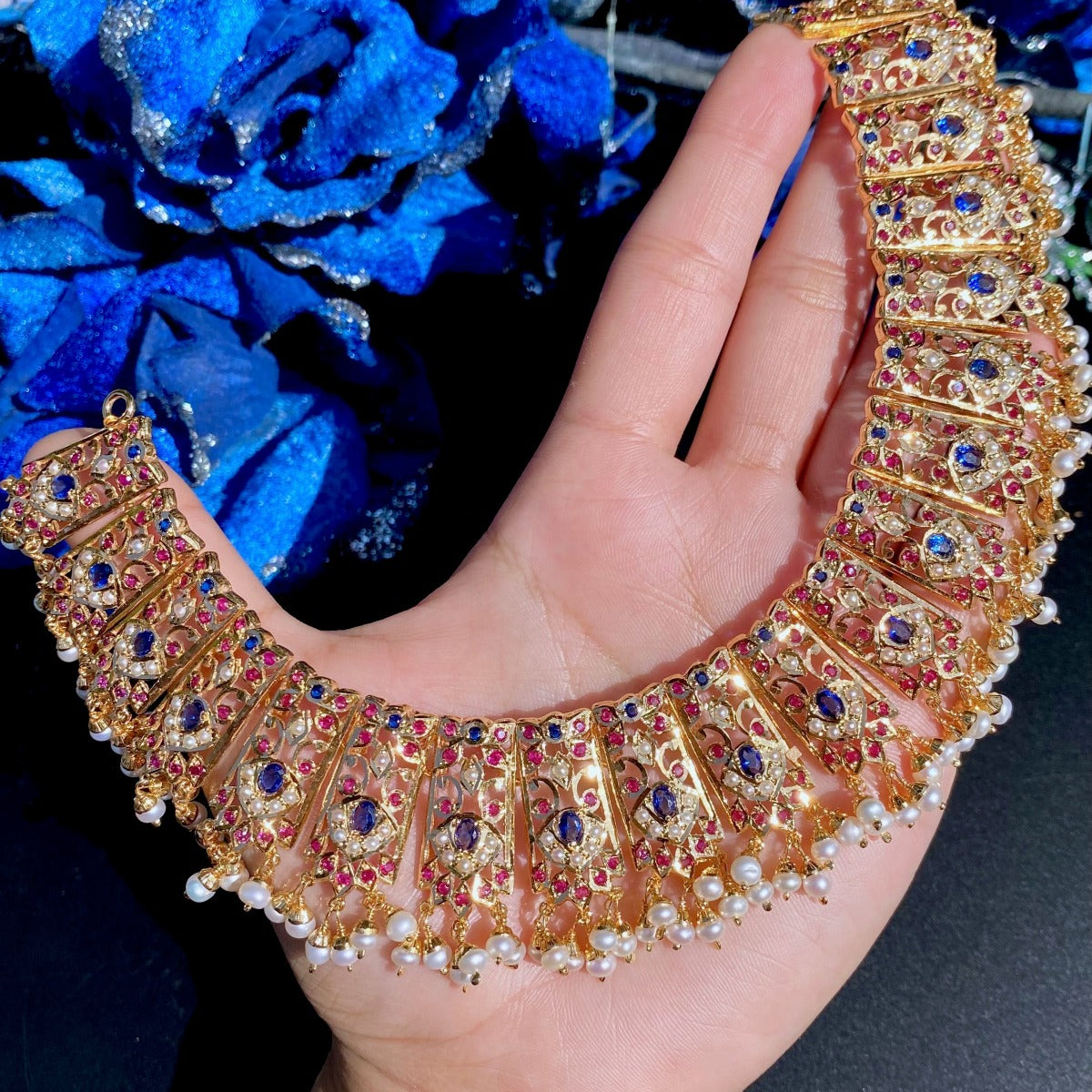 jadau necklace with navy blue stones