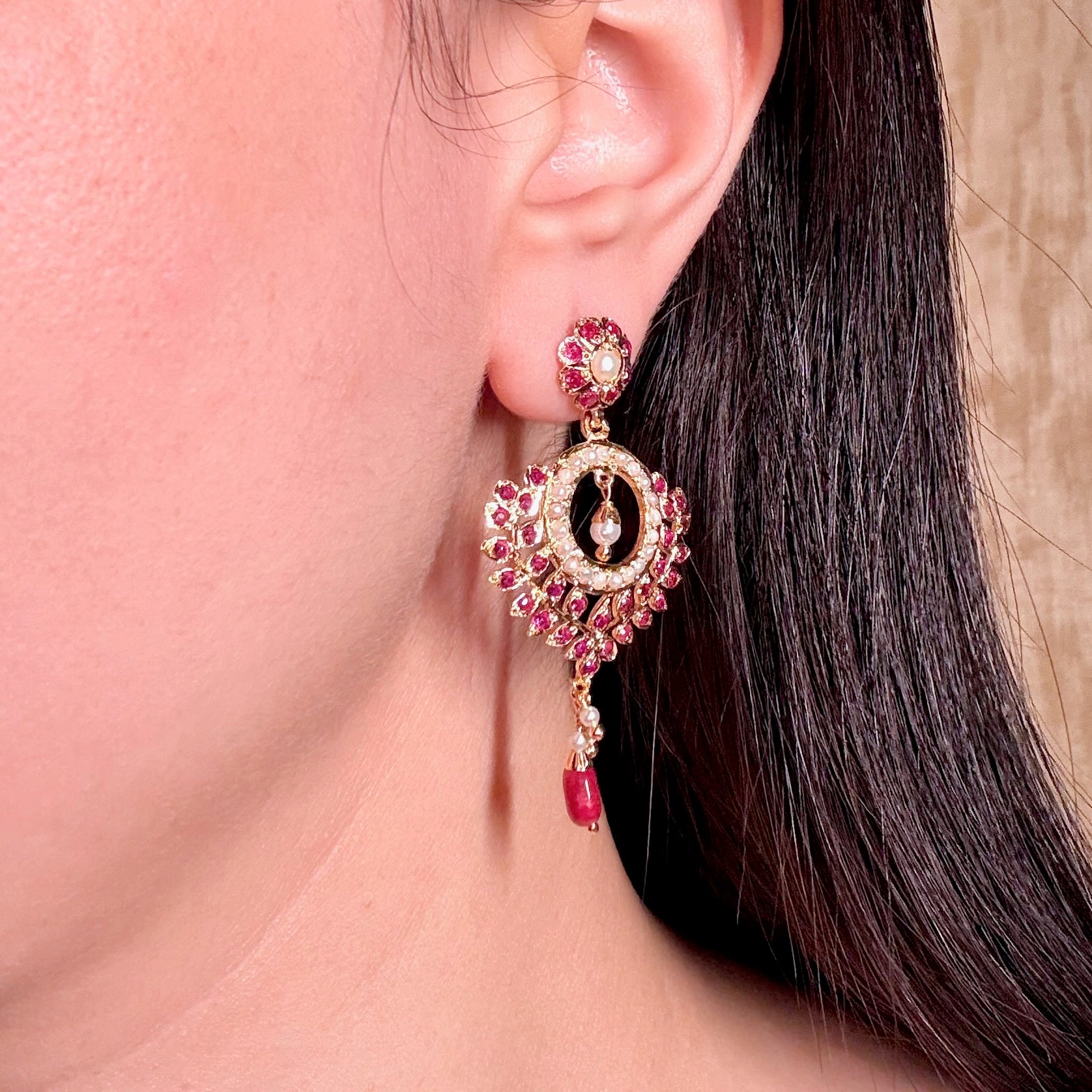 Red Stones & Pearl Chandbali Earrings BER 055
