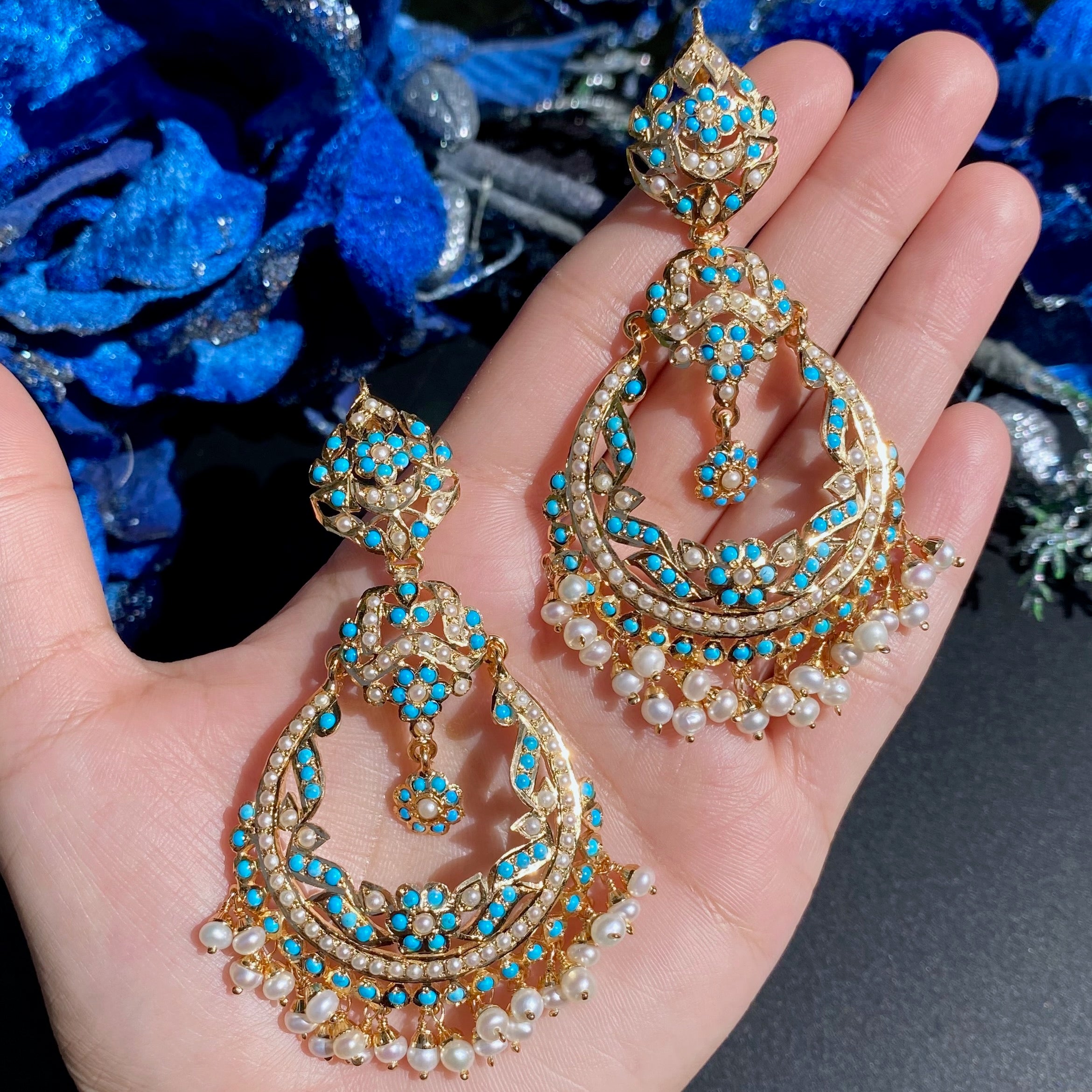 Pearl-Turquoise Jadau Chandbali Earrings in Gold Plated Silver ER 169