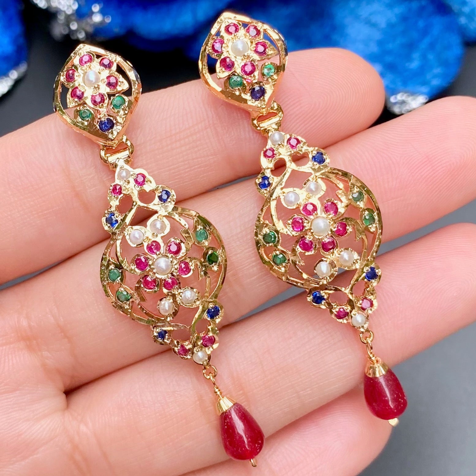 Elegant Jadau Pendant & Earrings Set | Gold Plated on Silver PS 126