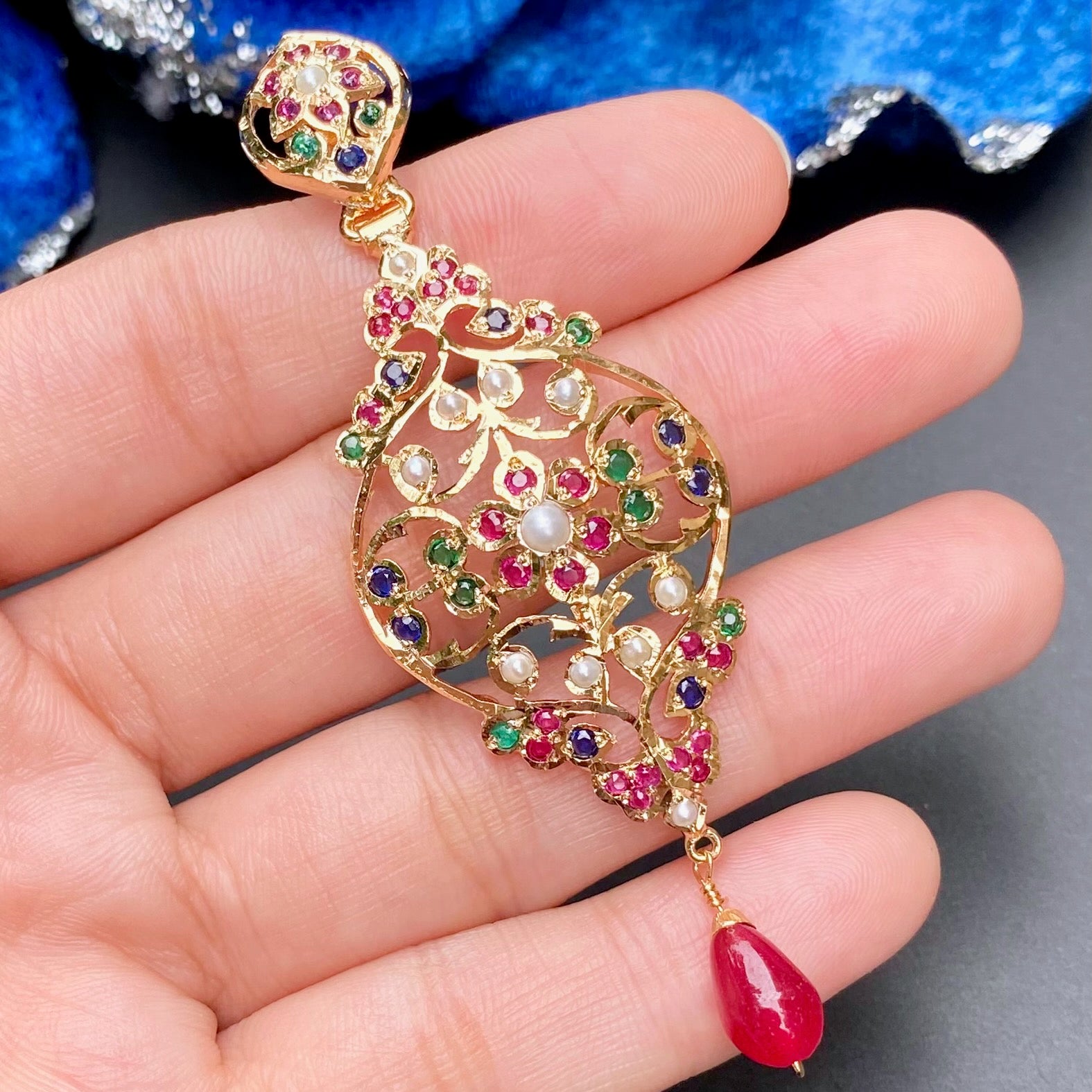 Elegant Jadau Pendant & Earrings Set | Gold Plated on Silver PS 126