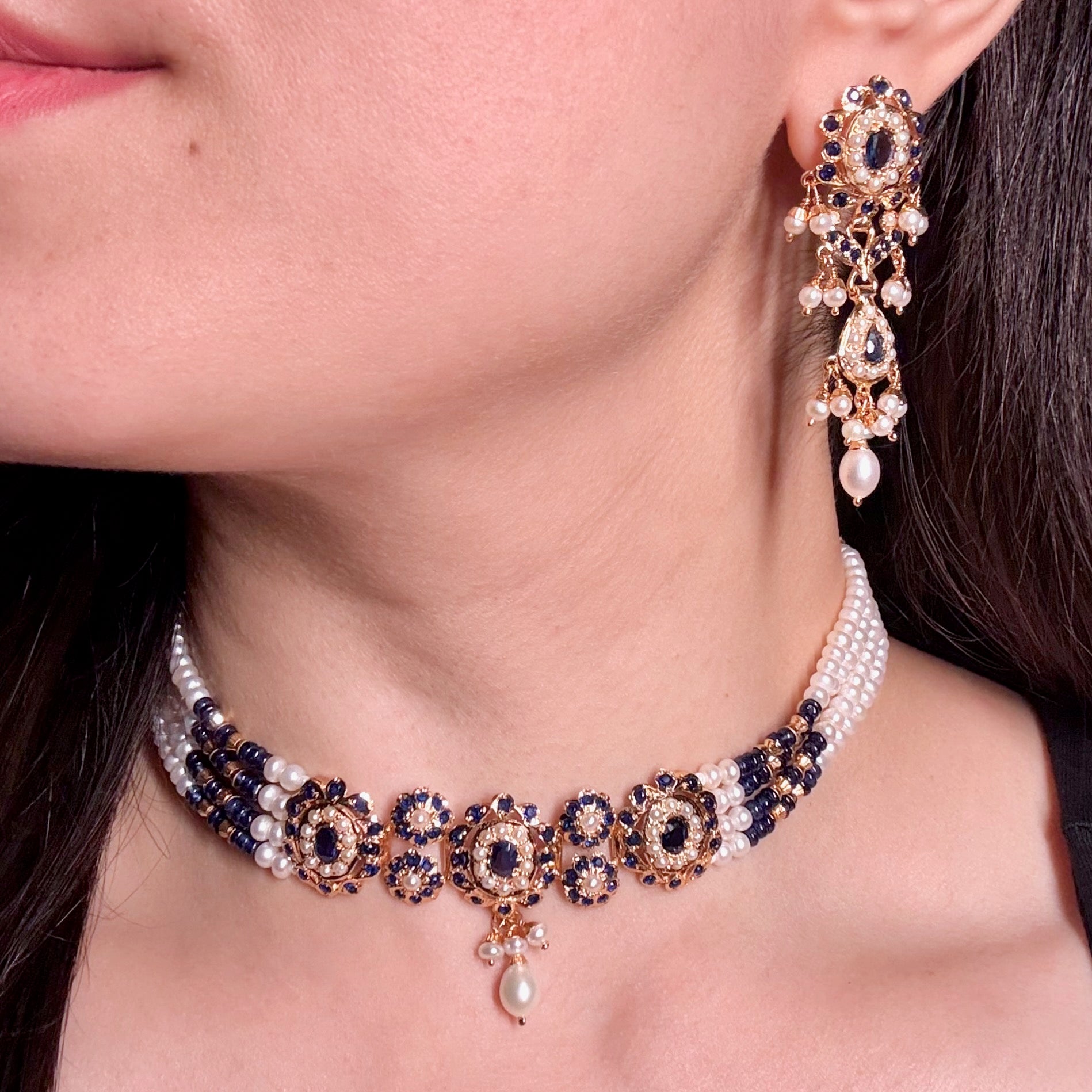 Premium Gold Plated Jadau Choker Set | Sterling Silver Base NS 436