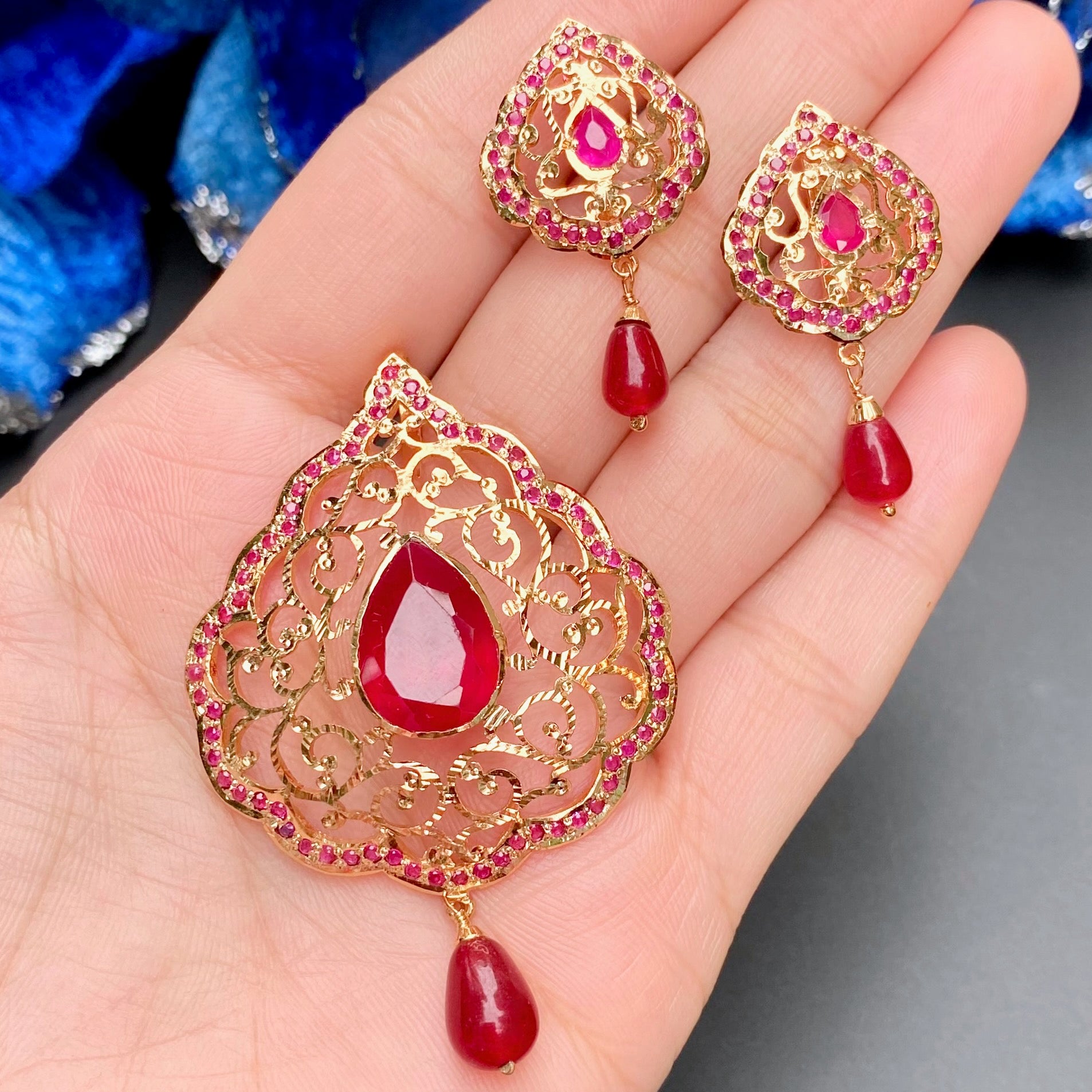 Jadau Pendant Set with Filigree Work | Red Stones | Silver Base PS 127