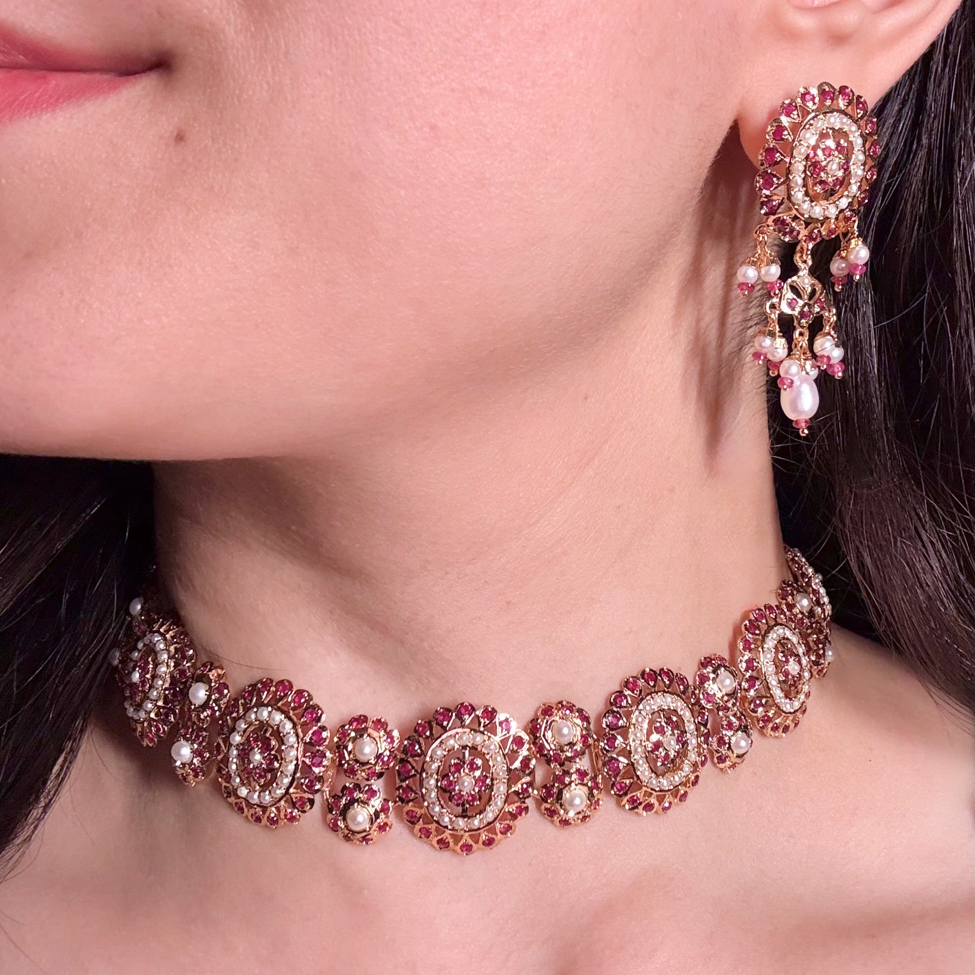 Ruby & Pearl Choker Set | Gold Plated Silver Jewelry Online NS 433