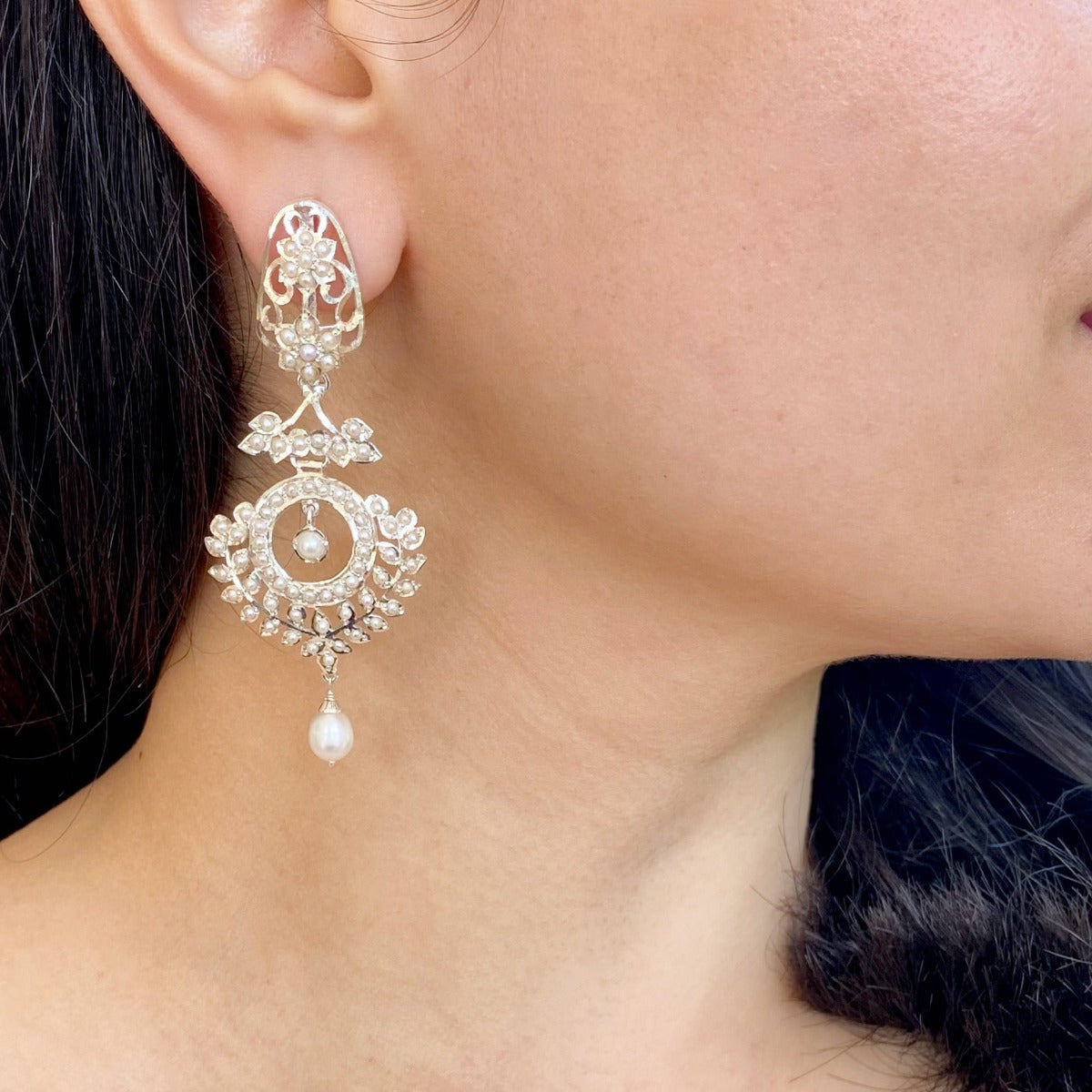 indo western white silver earrings with pearls