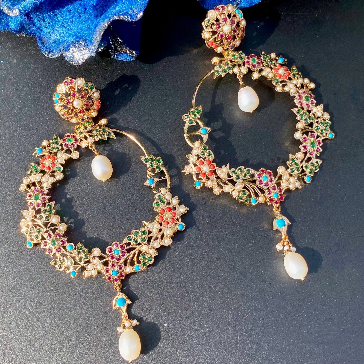 antique navratan chandbali earrings