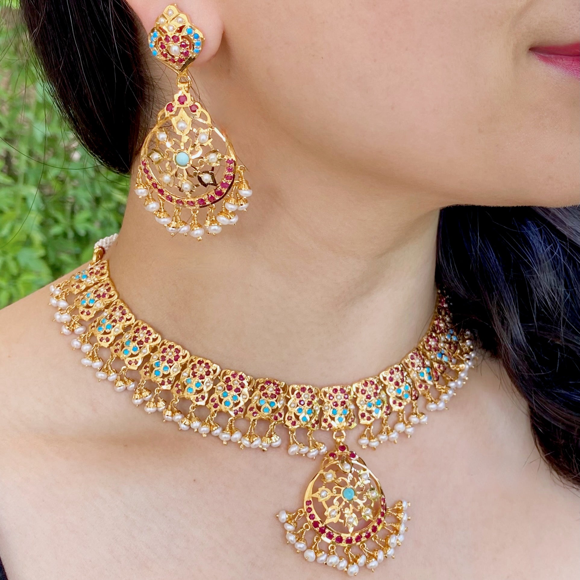 coral necklace set gold plated
