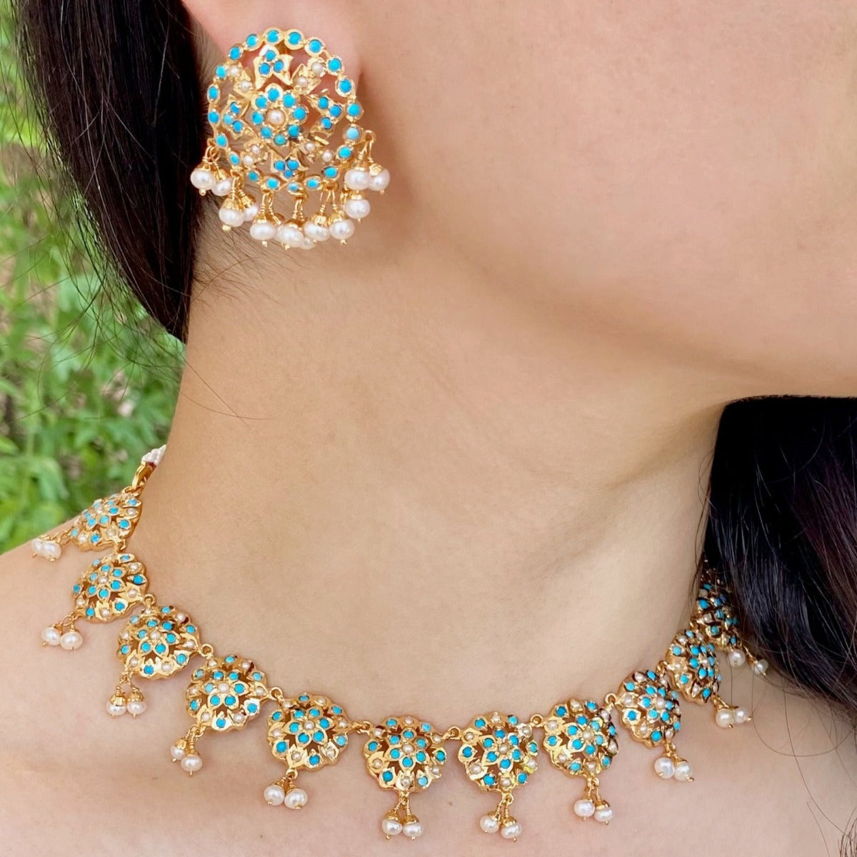 Turquoise Pearl Set Gold Plated on Silver Party Wear Design