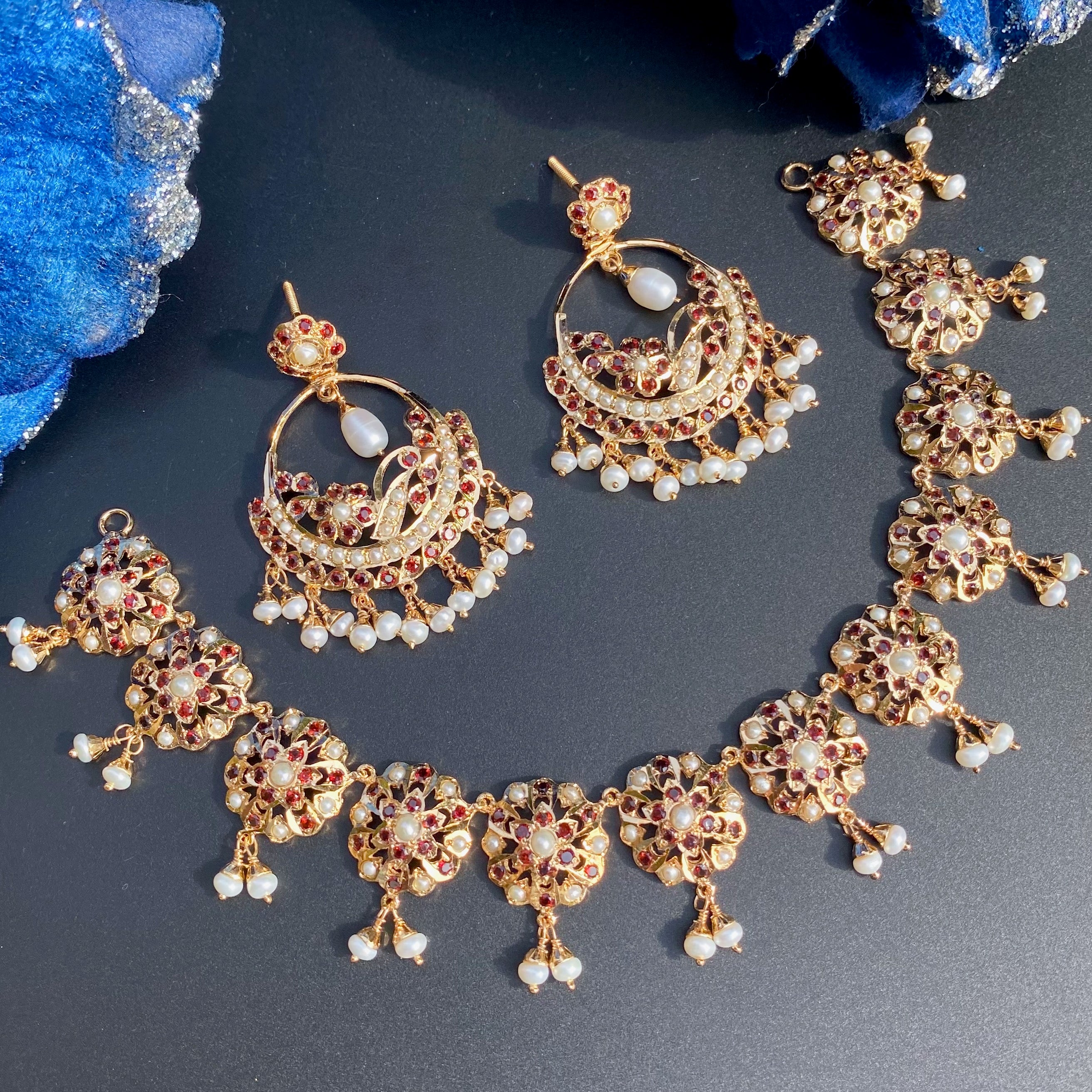 garnet necklace with chandbali earrings