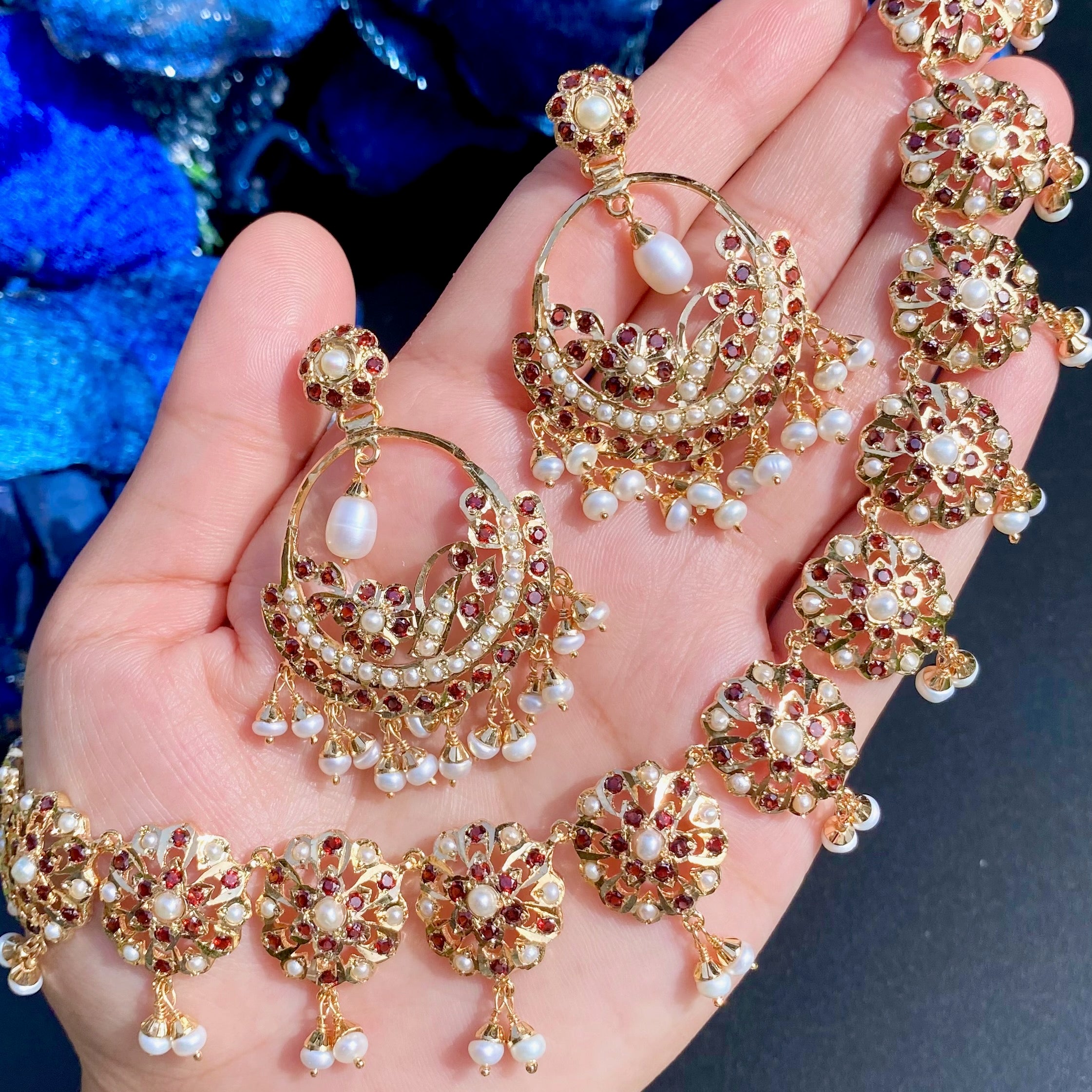 garnet necklace with chandbali earrings