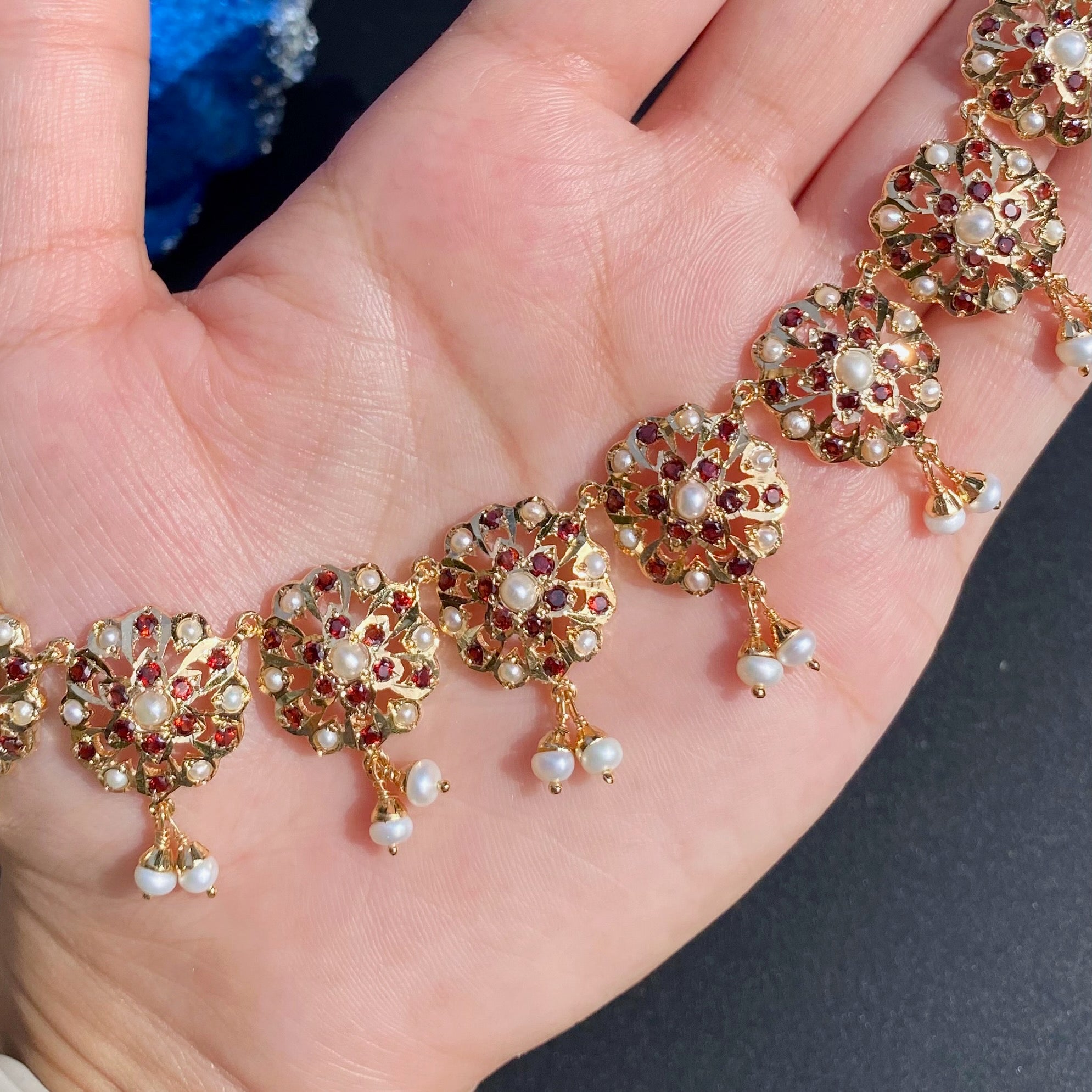 garnet necklace with chandbali earrings