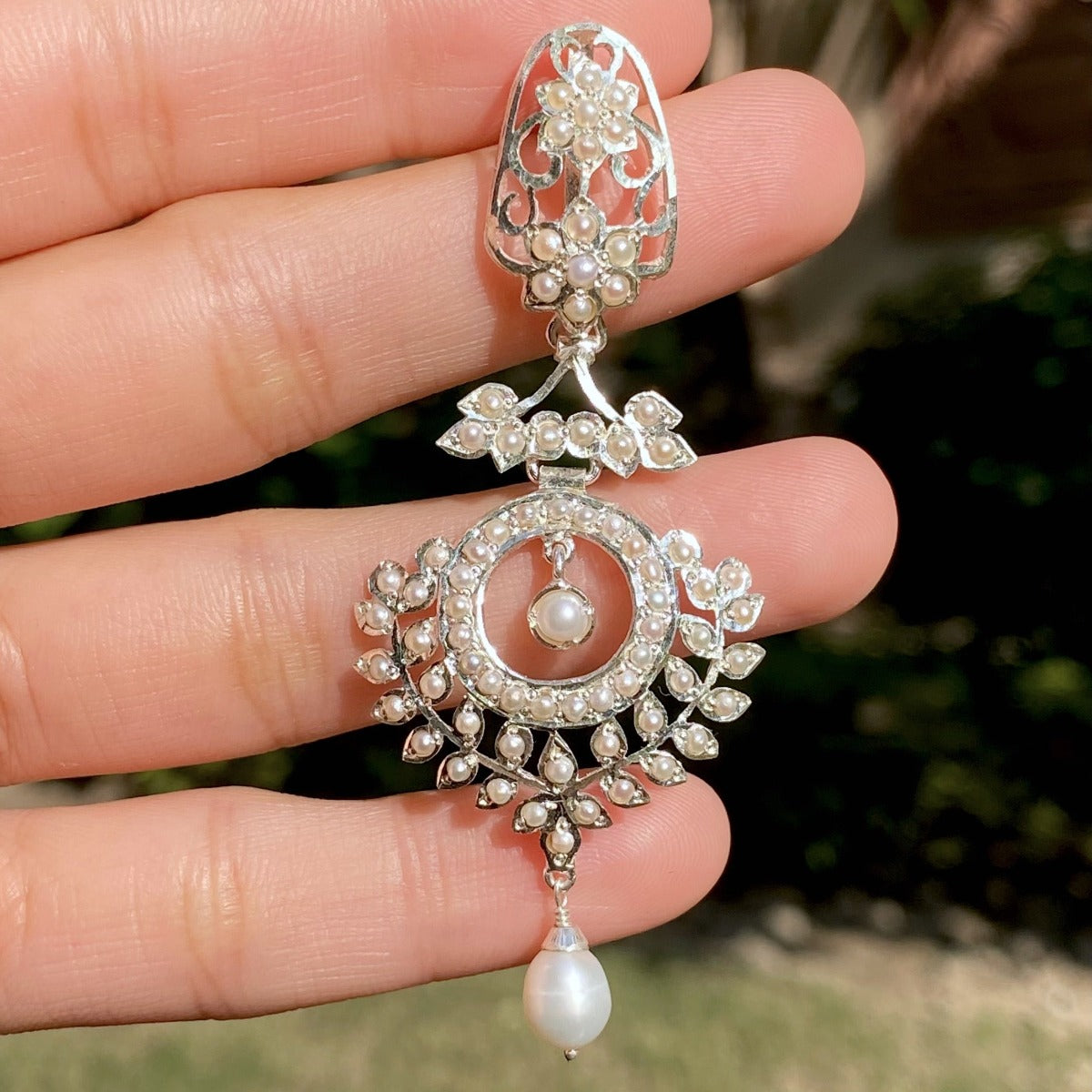 dainty indo western pearl drop earrings on silver