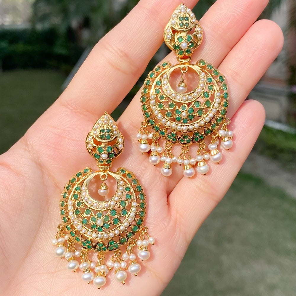 Gold Polished Chandbali Earrings in Emerald and Pearl Combination ER 202