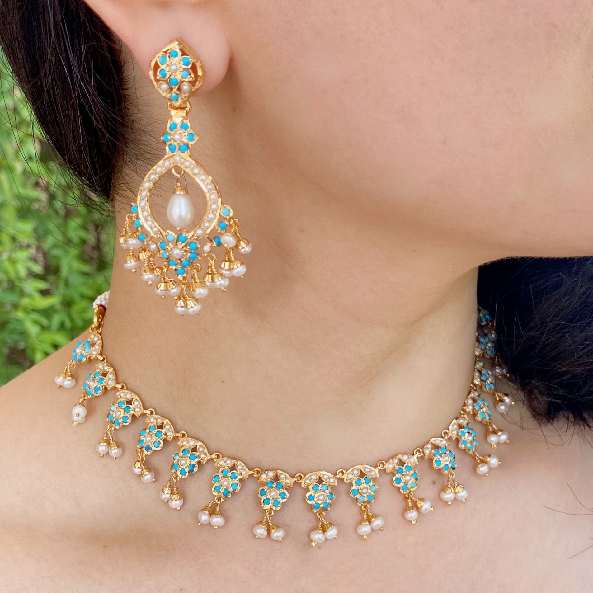 Feroza & Pearl Studded | Jarau Necklace Set | Sober & Dainty Design NS 188