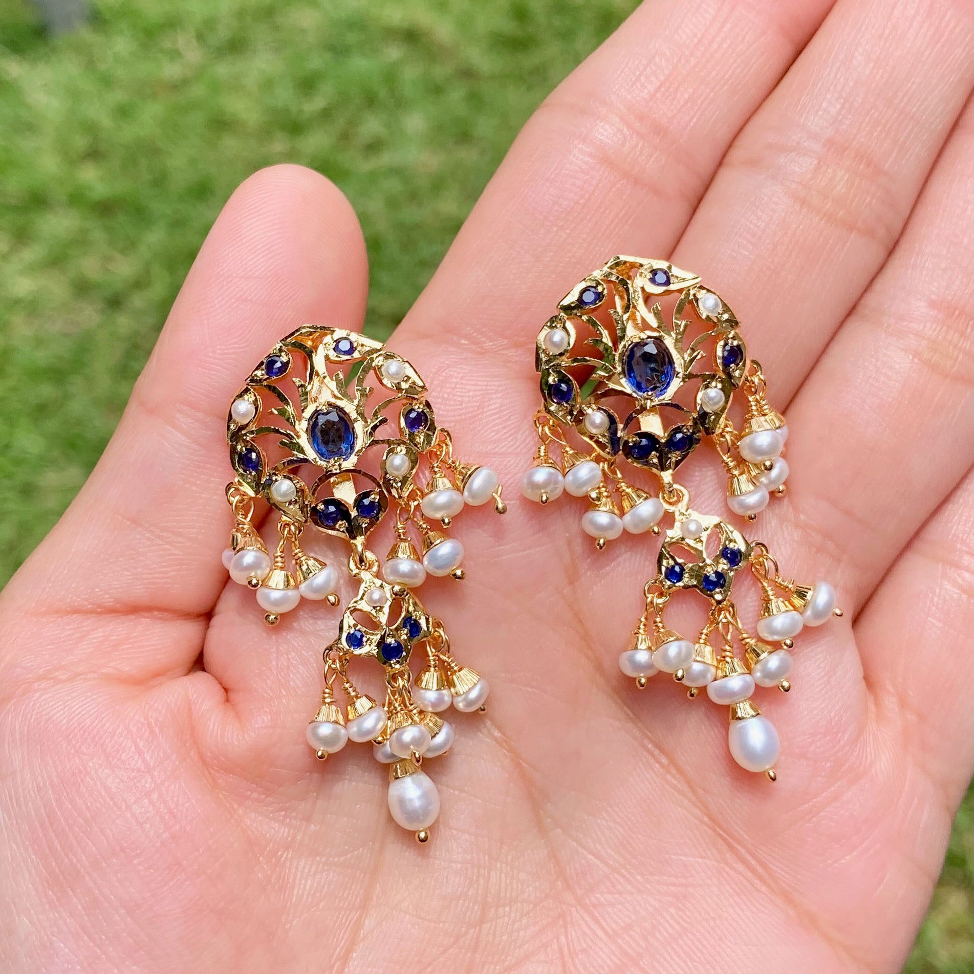Sapphire Blue & Pearl Earrings | Gold Plated on Sterling Silver ER 596