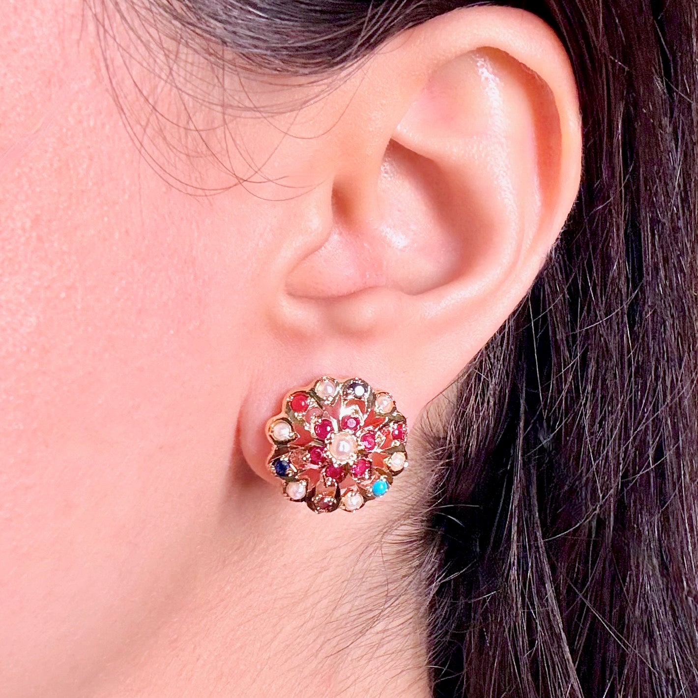 Exquisite Jadau Studs | Gold Plated on Mixed Metal Base BER 096