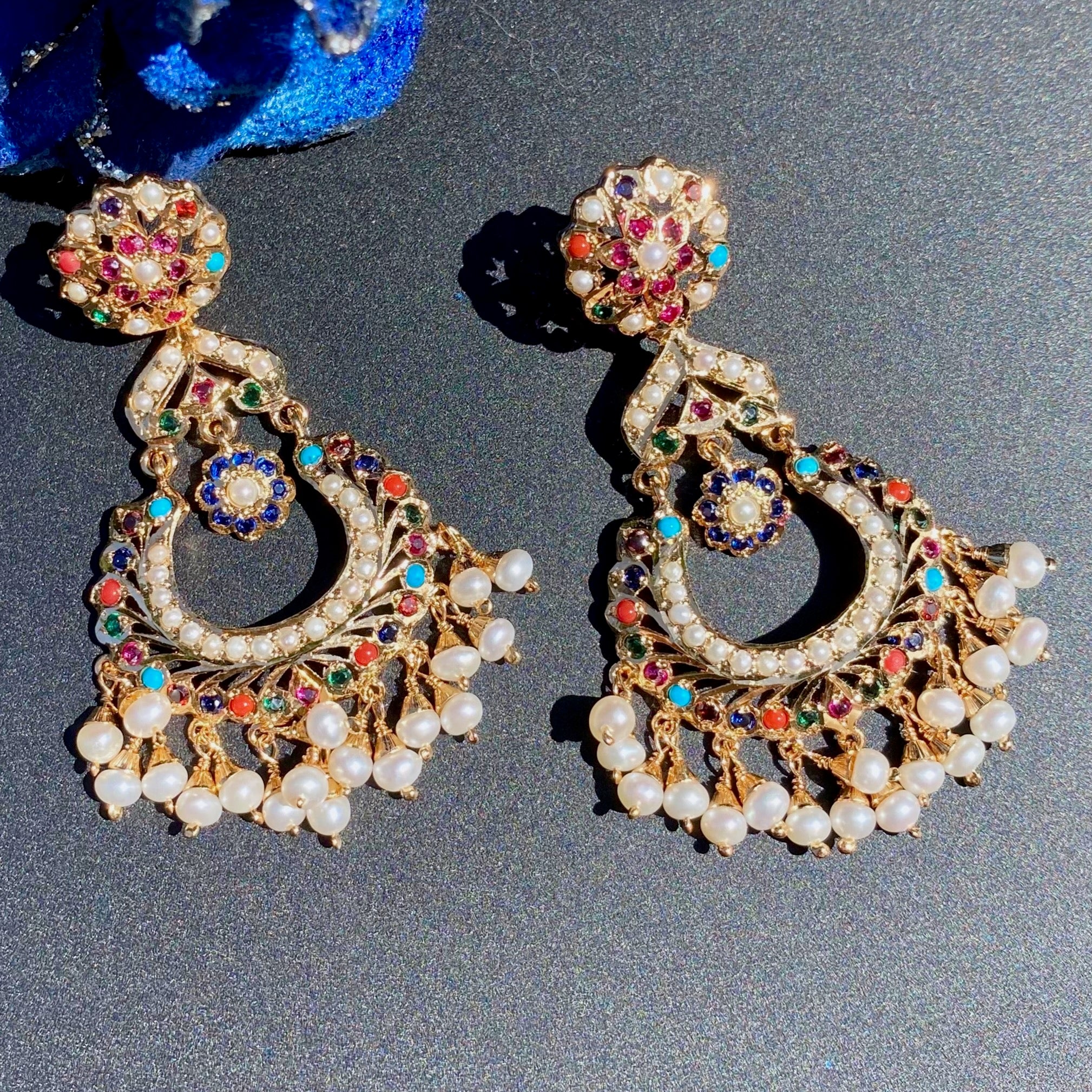 Long Navratna Chandbali Earrings | Sterling Silver with 22K Gold Plating ER 628