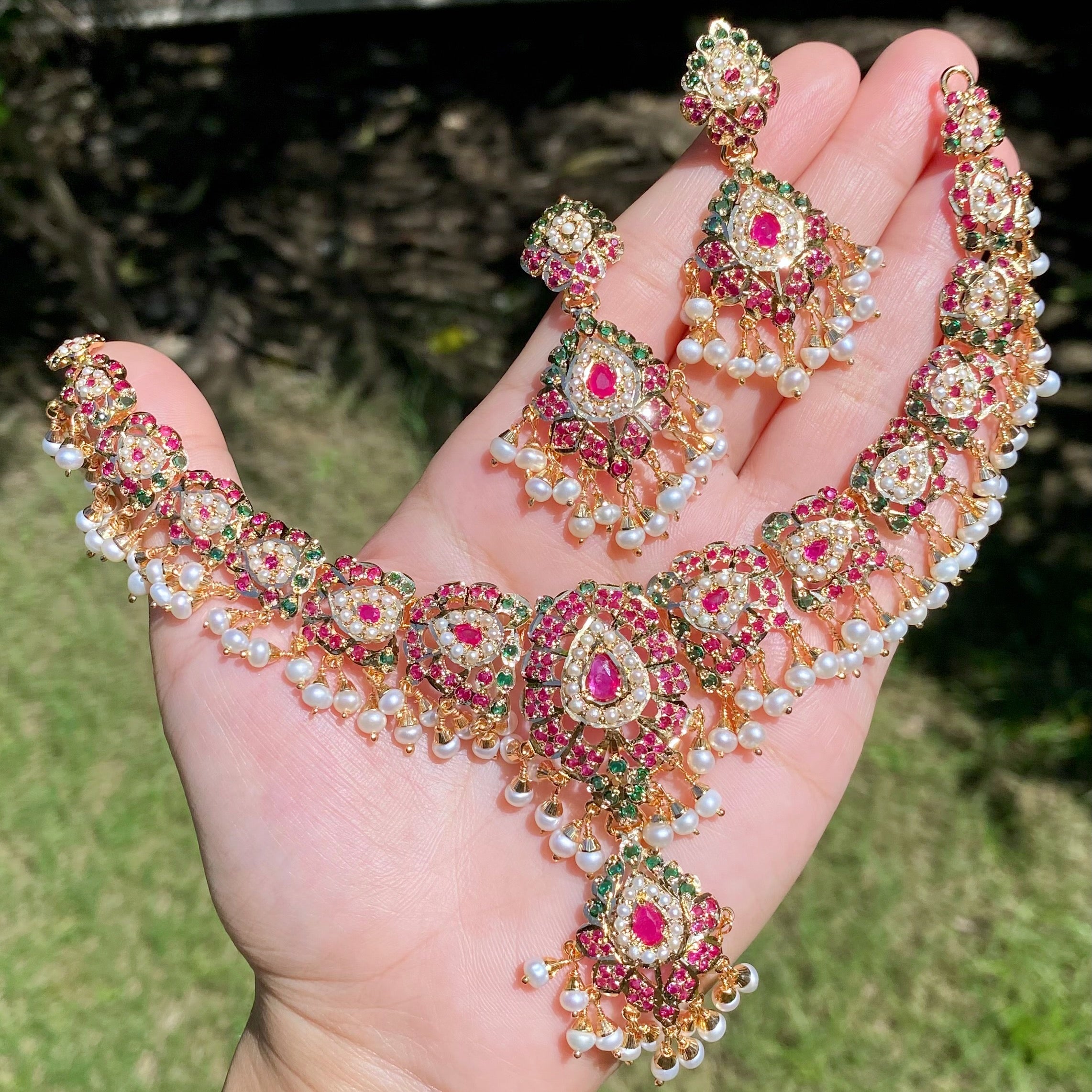 Ethnic Jadau Necklace Set | Gold Plated on Silver | Ruby Emerald Pearl Combination NS 421