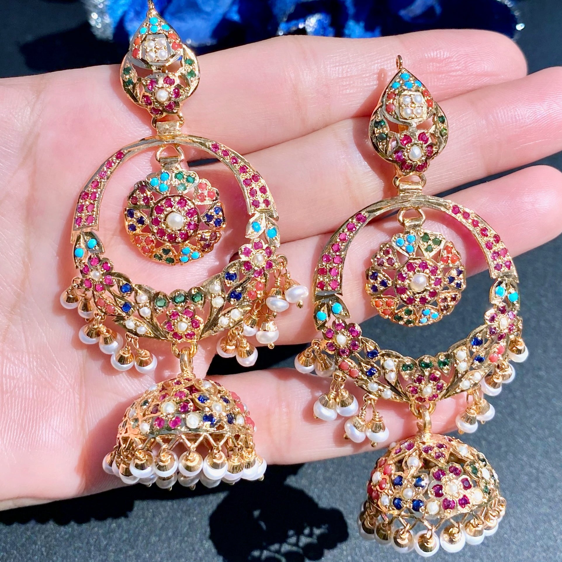 Navratna Jadau Chandbali With Jhumka | Gold Plated on Silver | ER 600