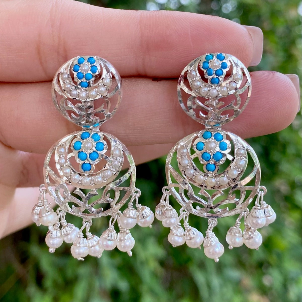 silver earrings with pearls and turquoise