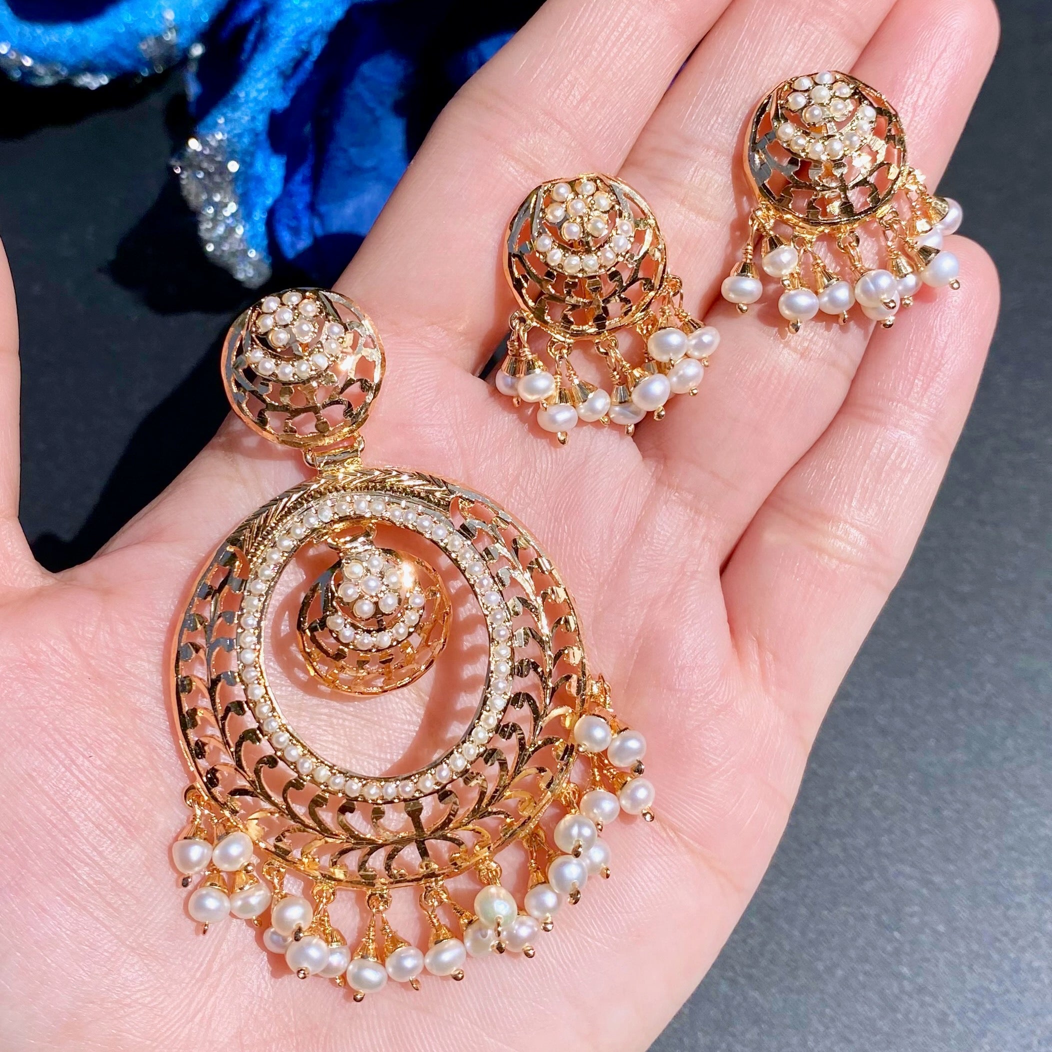 Chandbali Shaped Pendant & Earrings Set | Gold Plated Indian Jewelry on Silver PS 133