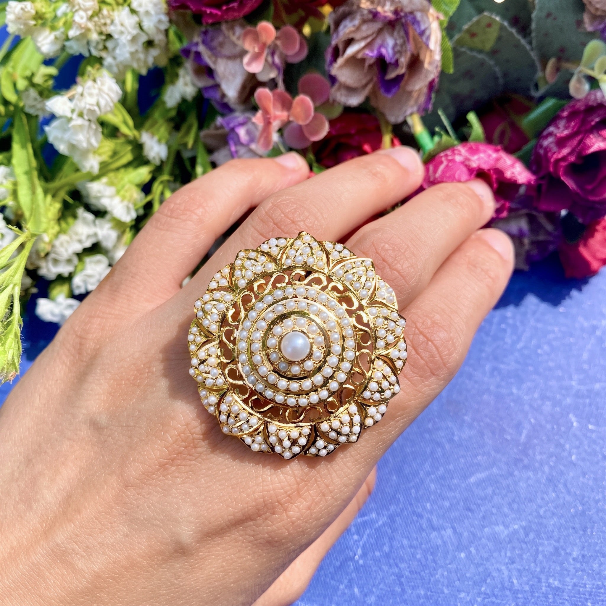hyderabadi pearl ring with gold plating