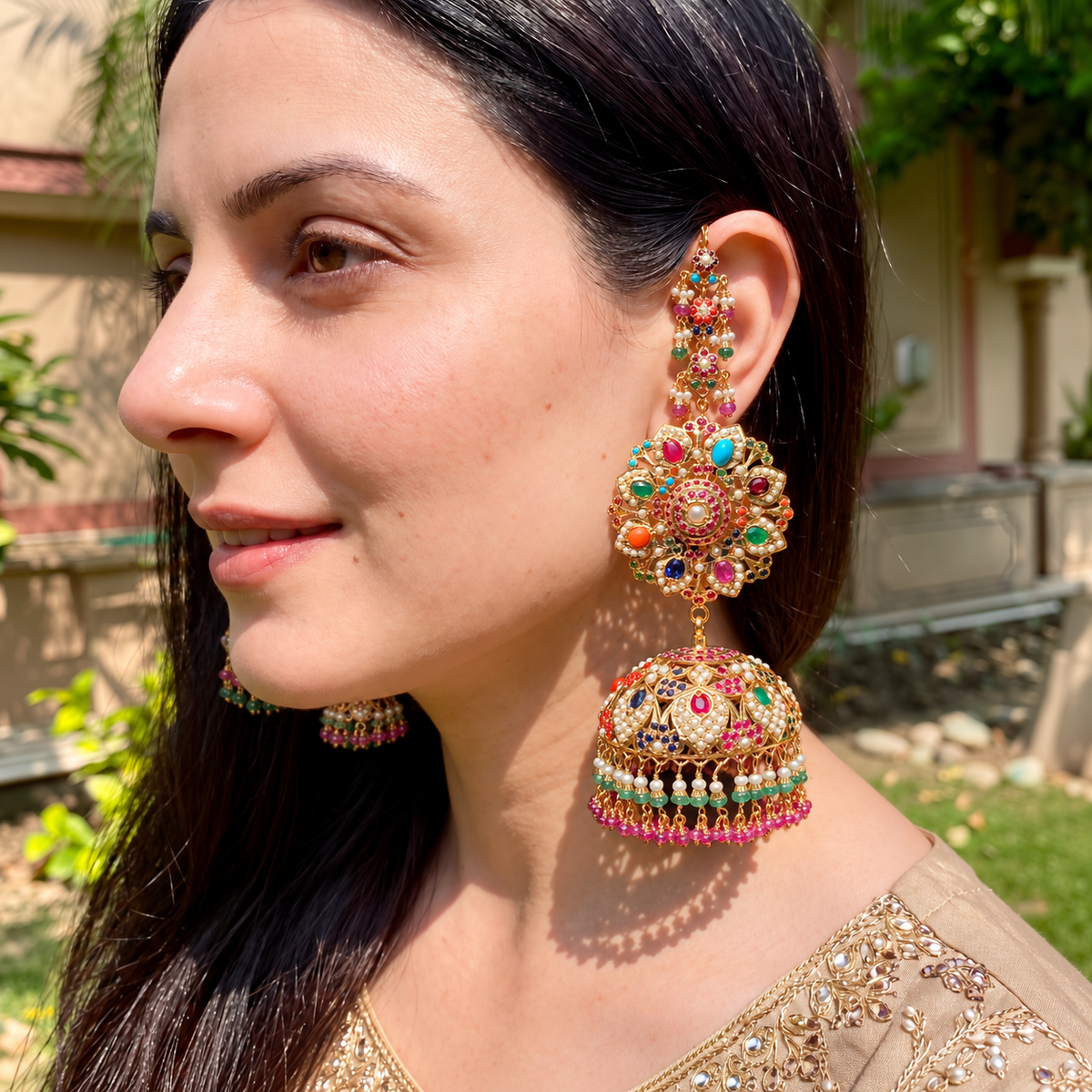 Navratna Jadau Statement Jhumkas | Gold Plated on 925 Silver ER 799