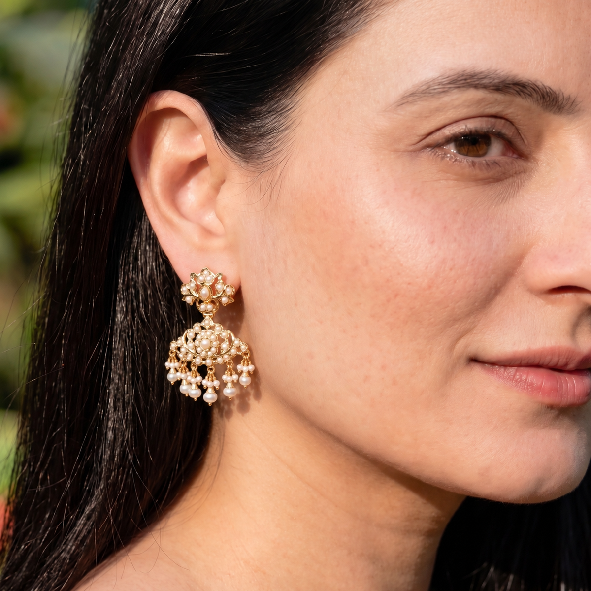 Dainty Pearl Jadau Drop Earrings in Gold-Plated 925 Silver ER 822