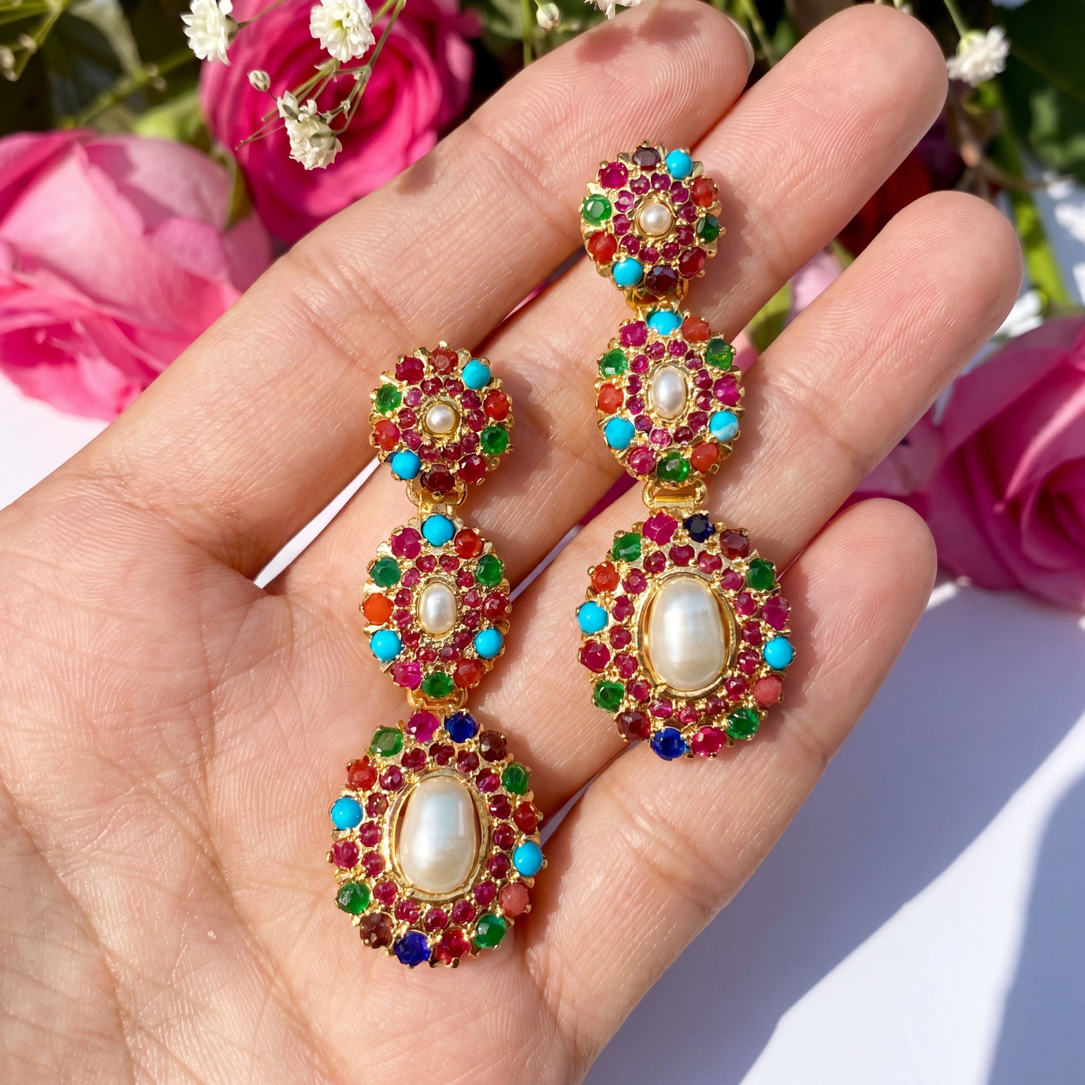 Long Navratna Jadau Earrings | Gold Plated on Silver ER 151